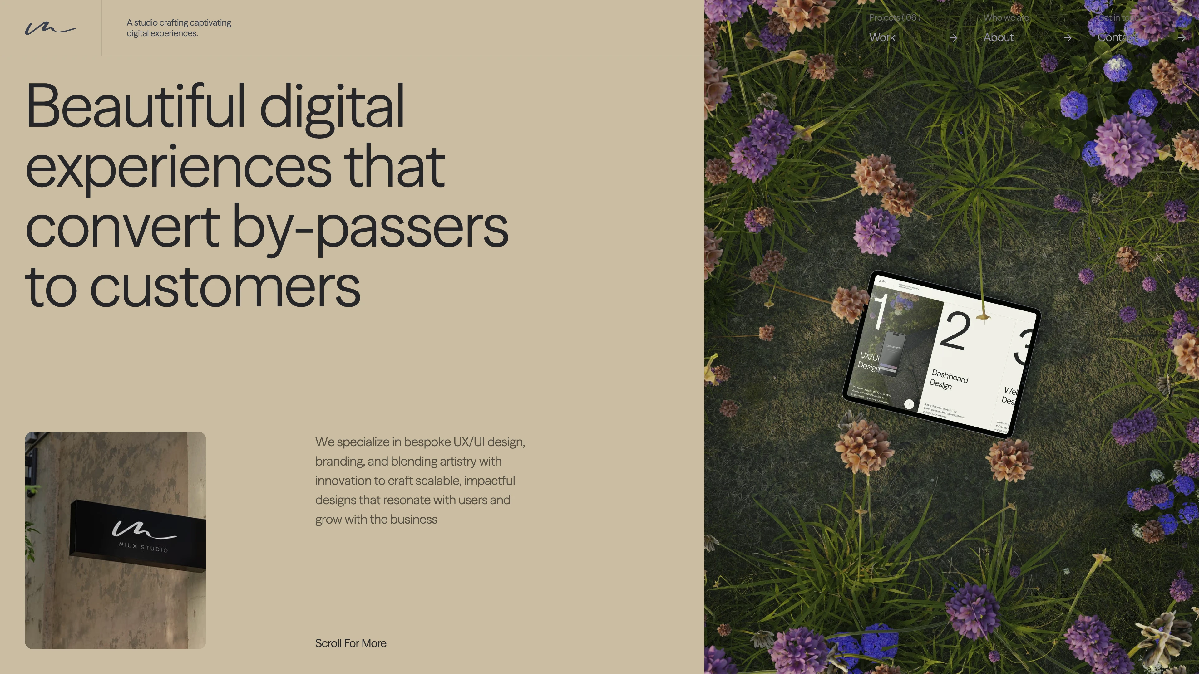 Full page screenshot of the MIUX Studio website. A UX/UI design studio dedicated to elevating brands with user-focused web and …