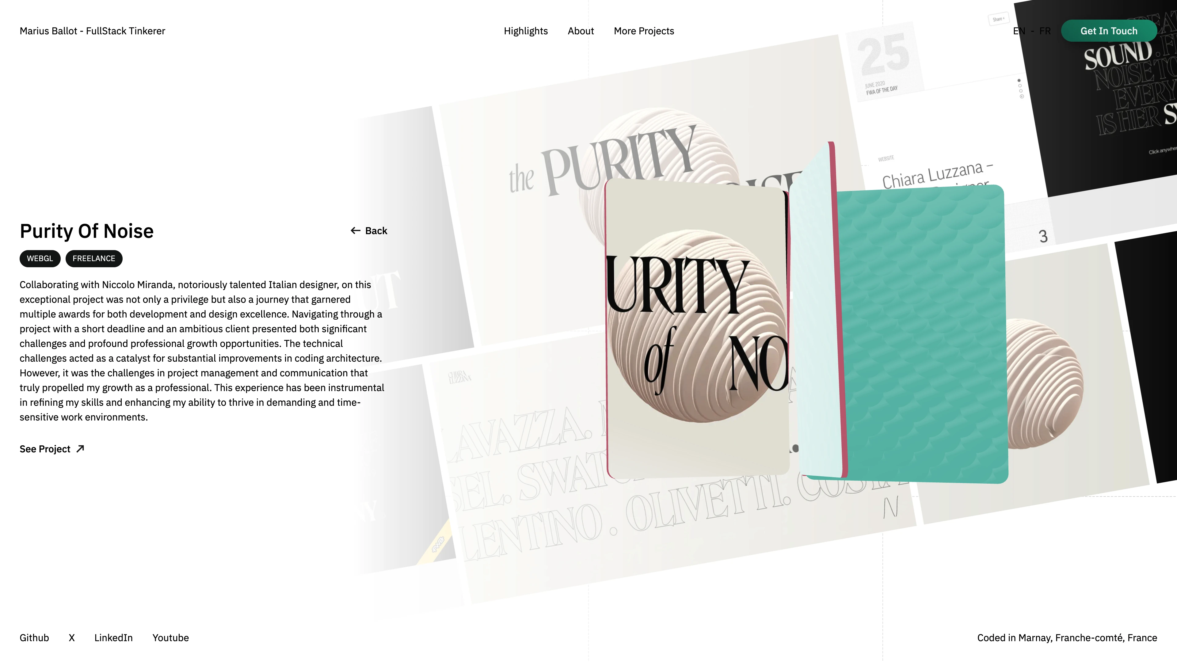 Full page screenshot of the Marius Ballot website. Software engineer and creative technologist crafting innovative experiences in …