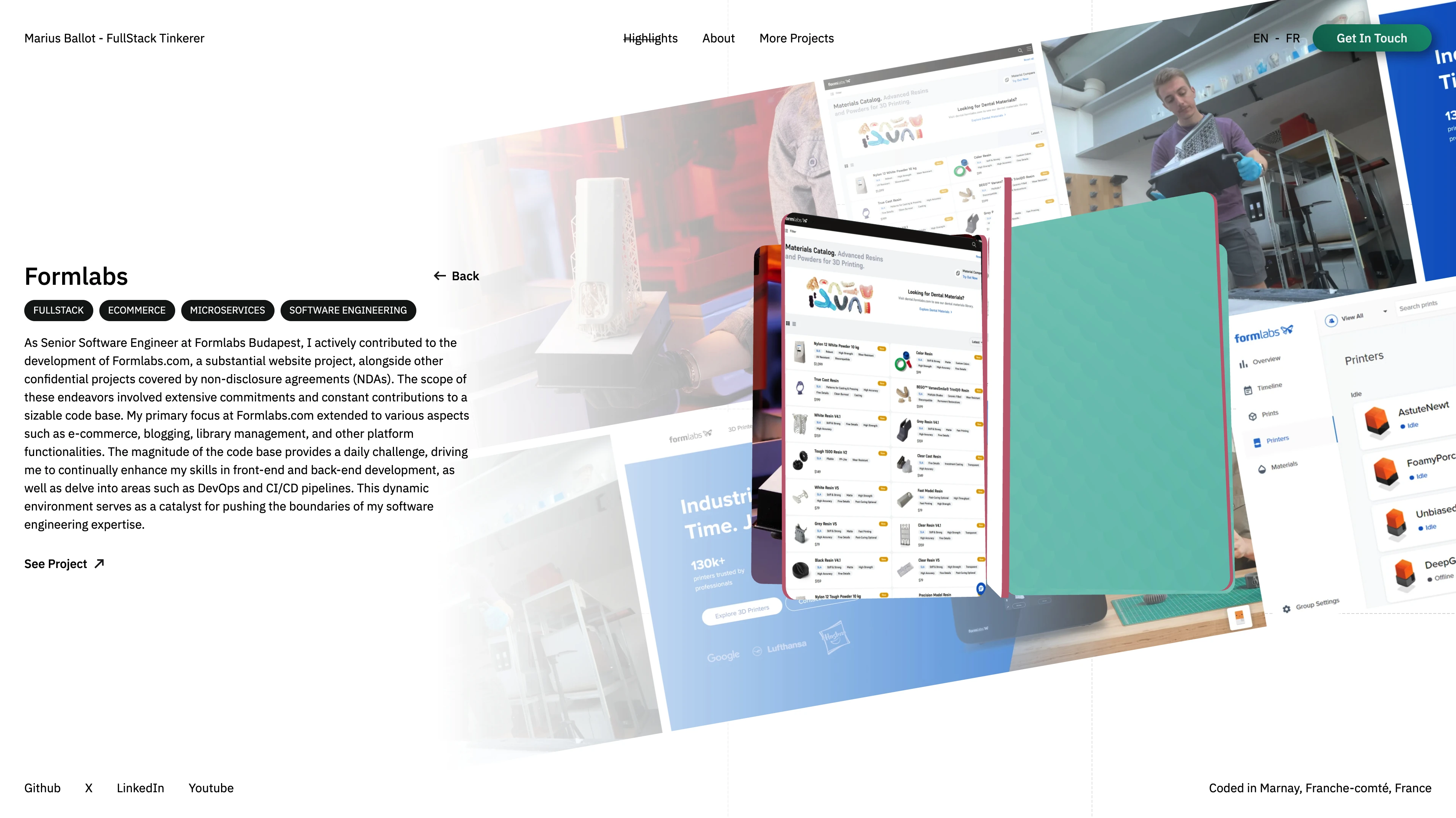 Full page screenshot of the Marius Ballot website. Software engineer and creative technologist crafting innovative experiences in …