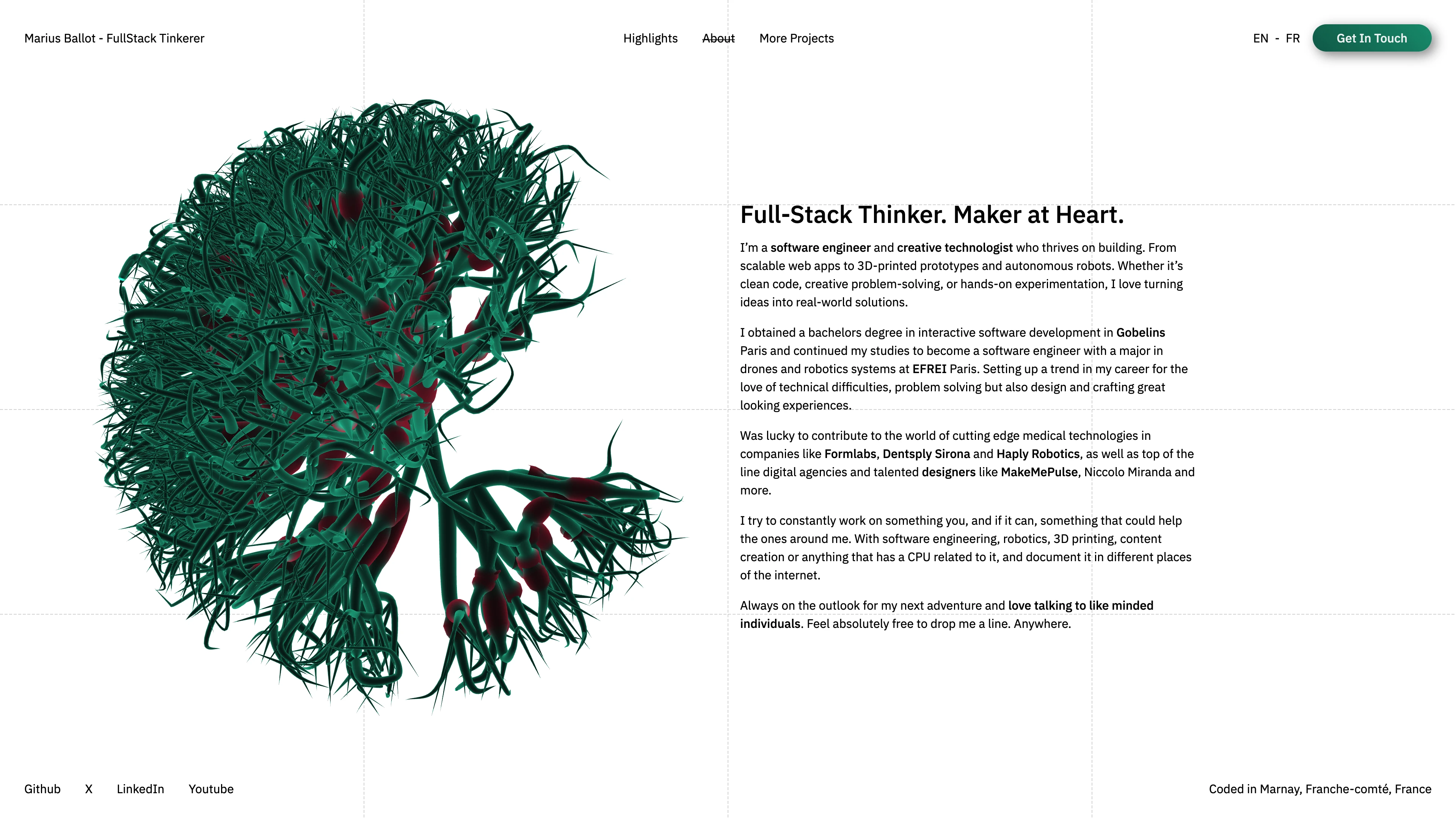 Full page screenshot of the Marius Ballot website. Software engineer and creative technologist crafting innovative experiences in …