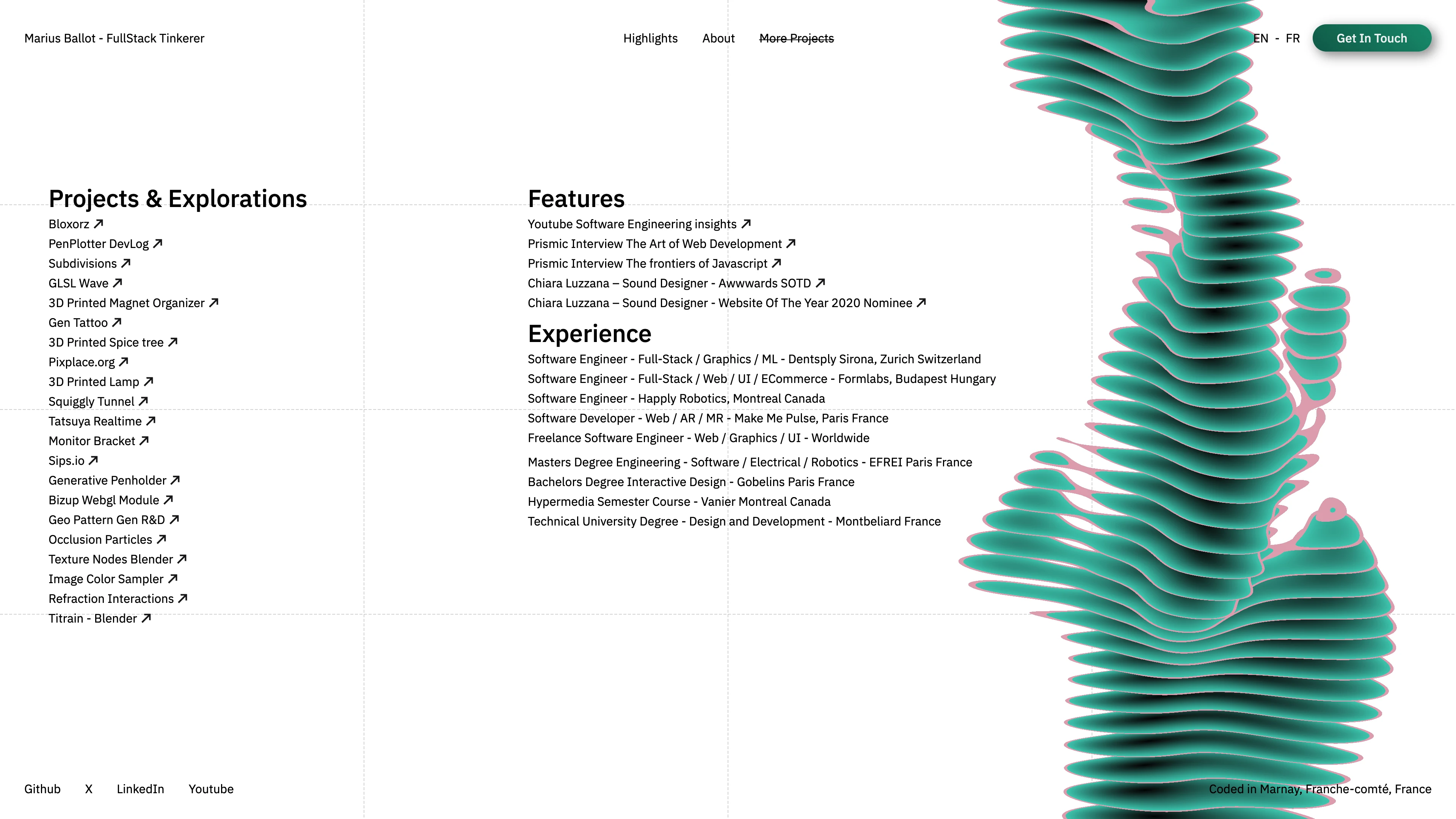 Full page screenshot of the Marius Ballot website. Software engineer and creative technologist crafting innovative experiences in …