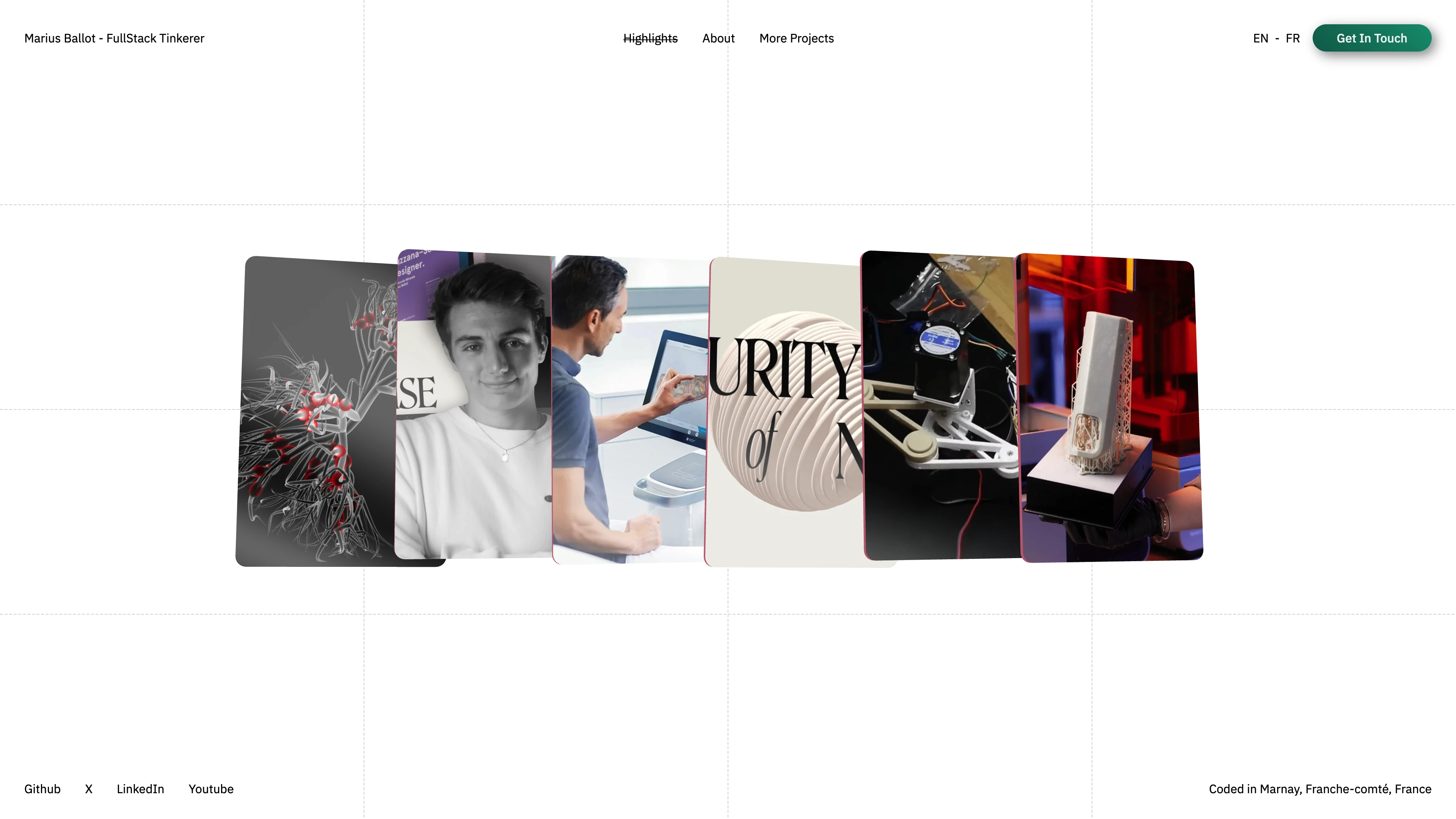 Full page screenshot of the Marius Ballot website. Software engineer and creative technologist crafting innovative experiences in …