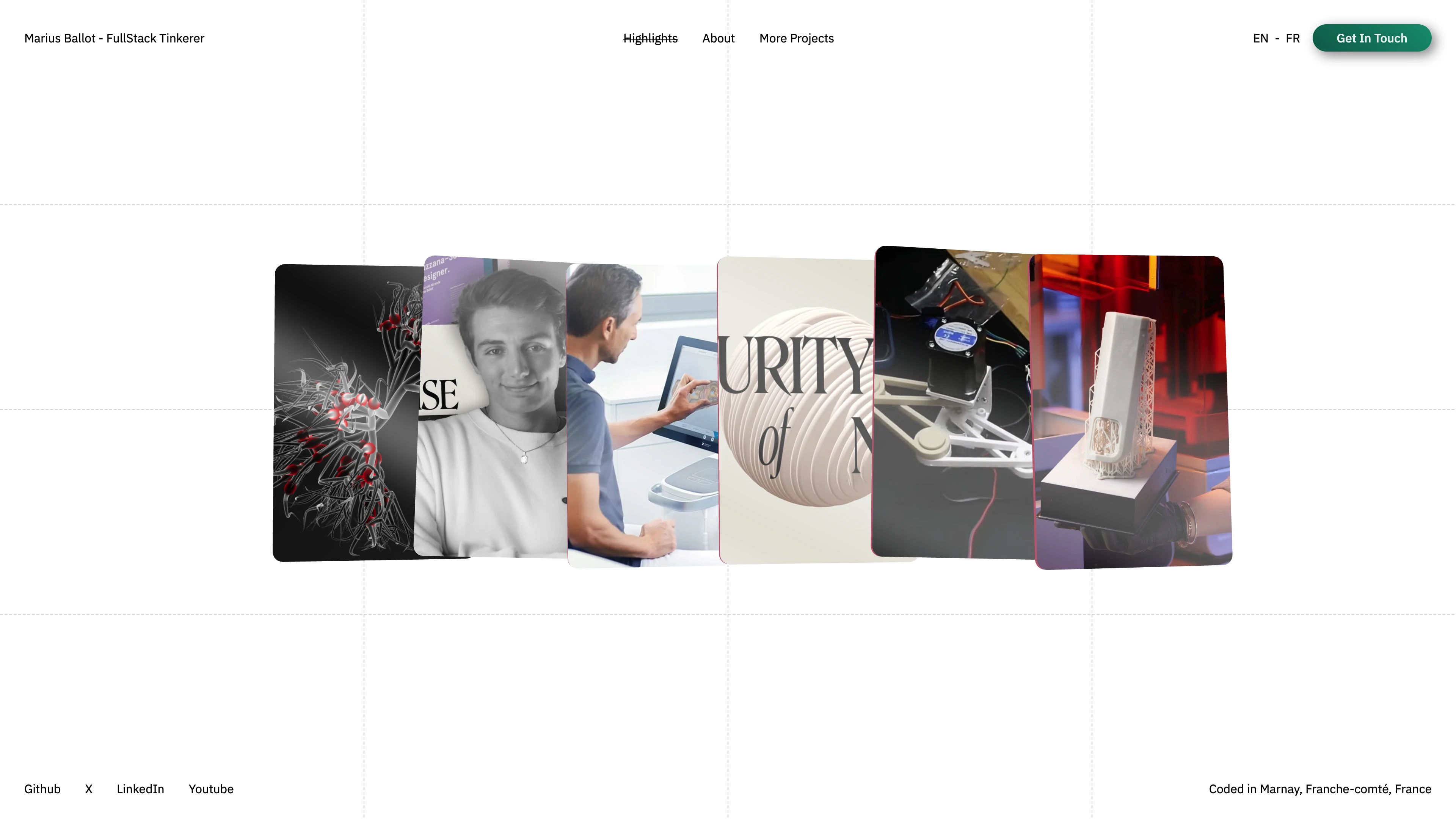Full page screenshot of the Marius Ballot website. Software engineer and creative technologist crafting innovative experiences in …