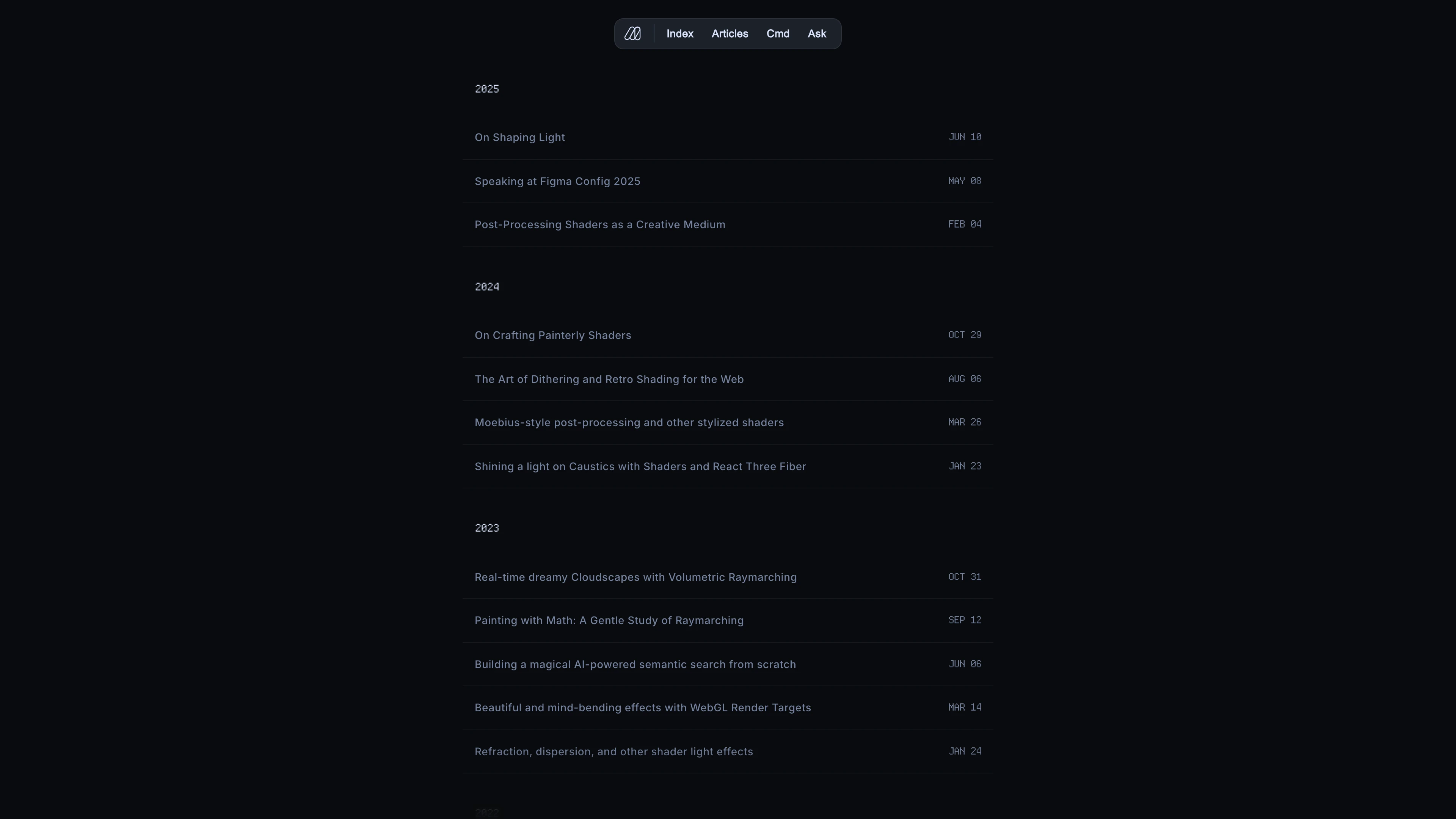 Full page screenshot of the The Blog of Maxime Heckel website. Hi I'm Maxime, and this is my blog. In here, you'll find all the articles I …