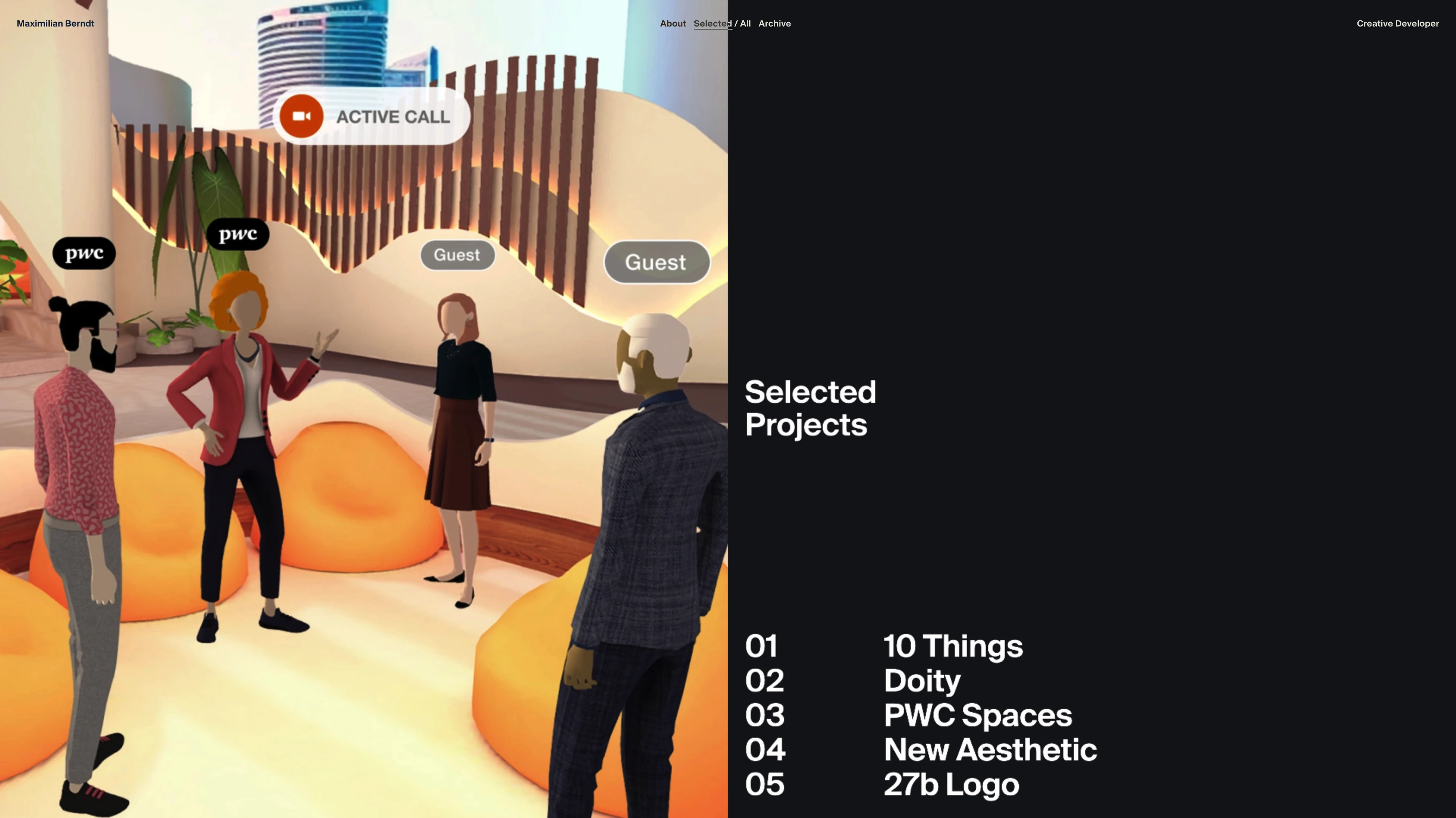 Full page screenshot of the Maximilian Berndt website. I am a Creative Developer, focused on creating interactive projects, from large …