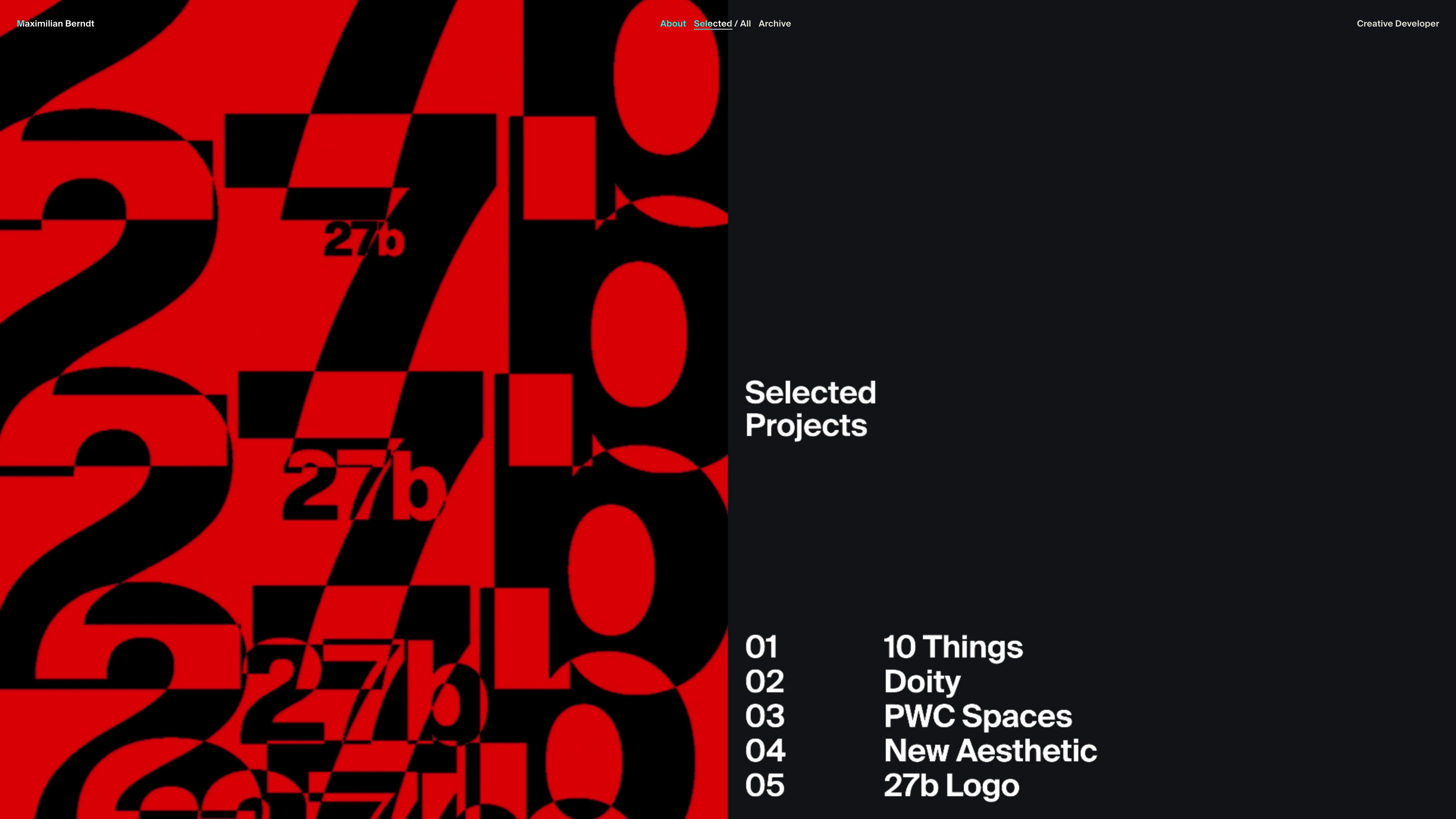 Full page screenshot of the Maximilian Berndt website. I am a Creative Developer, focused on creating interactive projects, from large …
