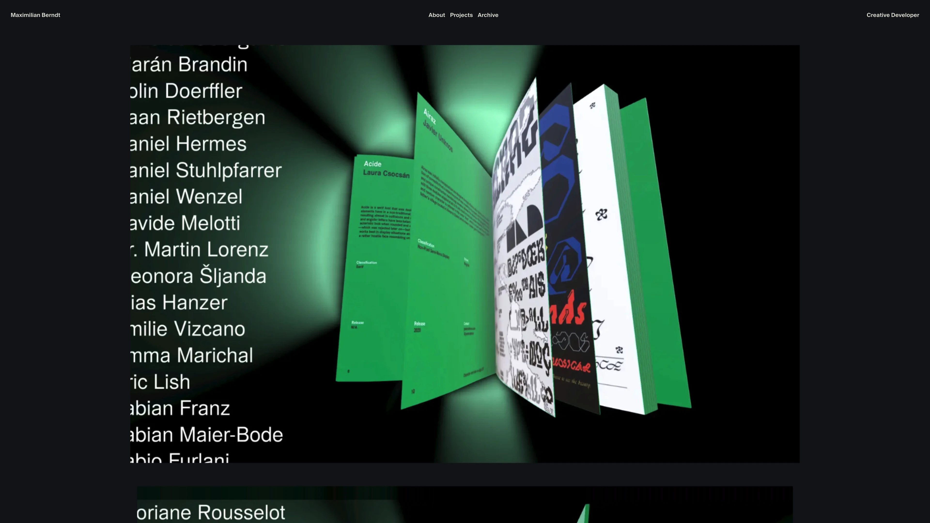 Full page screenshot of the Maximilian Berndt website. I am a Creative Developer, focused on creating interactive projects, from large …