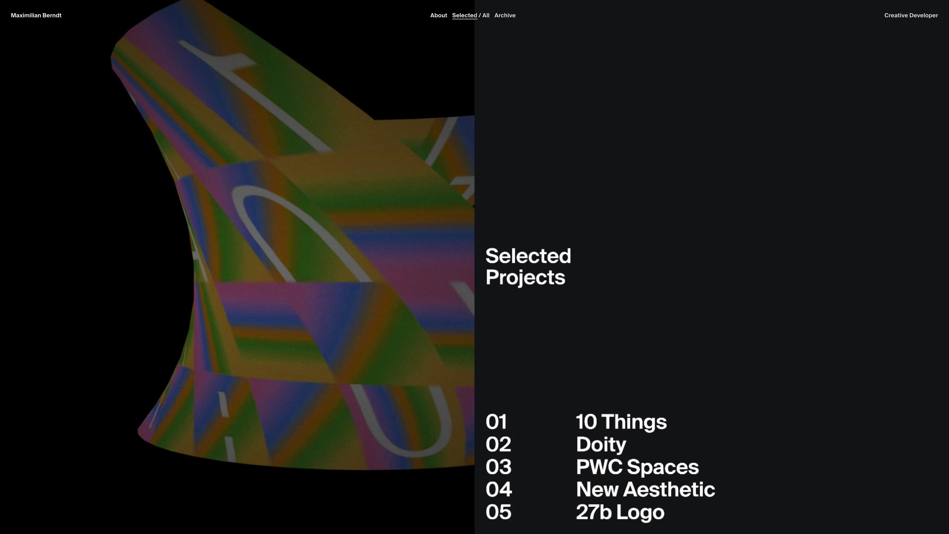 Full page screenshot of the Maximilian Berndt website. I am a Creative Developer, focused on creating interactive projects, from large …