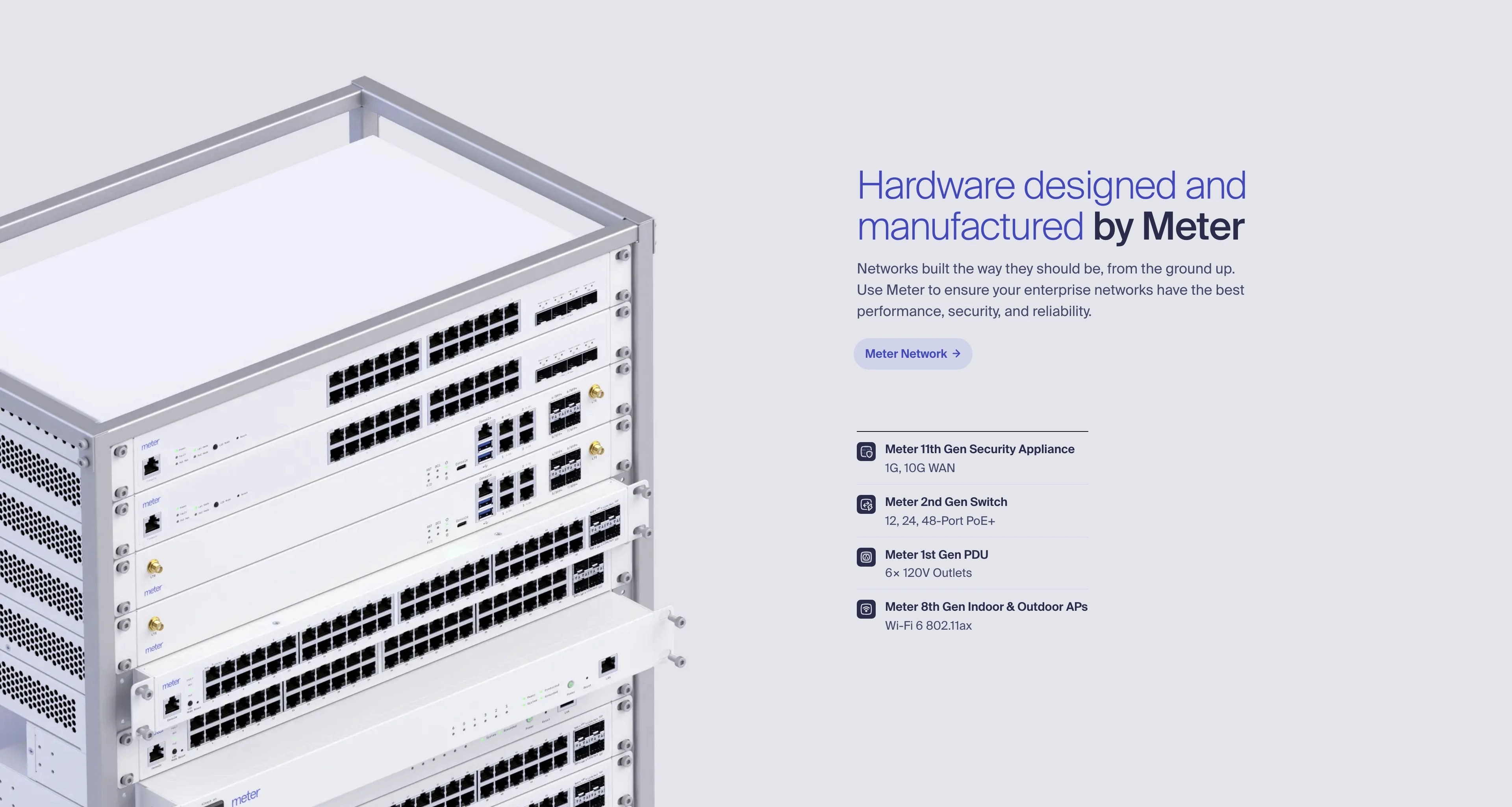 Full page screenshot of the Meter website. Internet infrastructure for the enterprise. Meter builds networking …