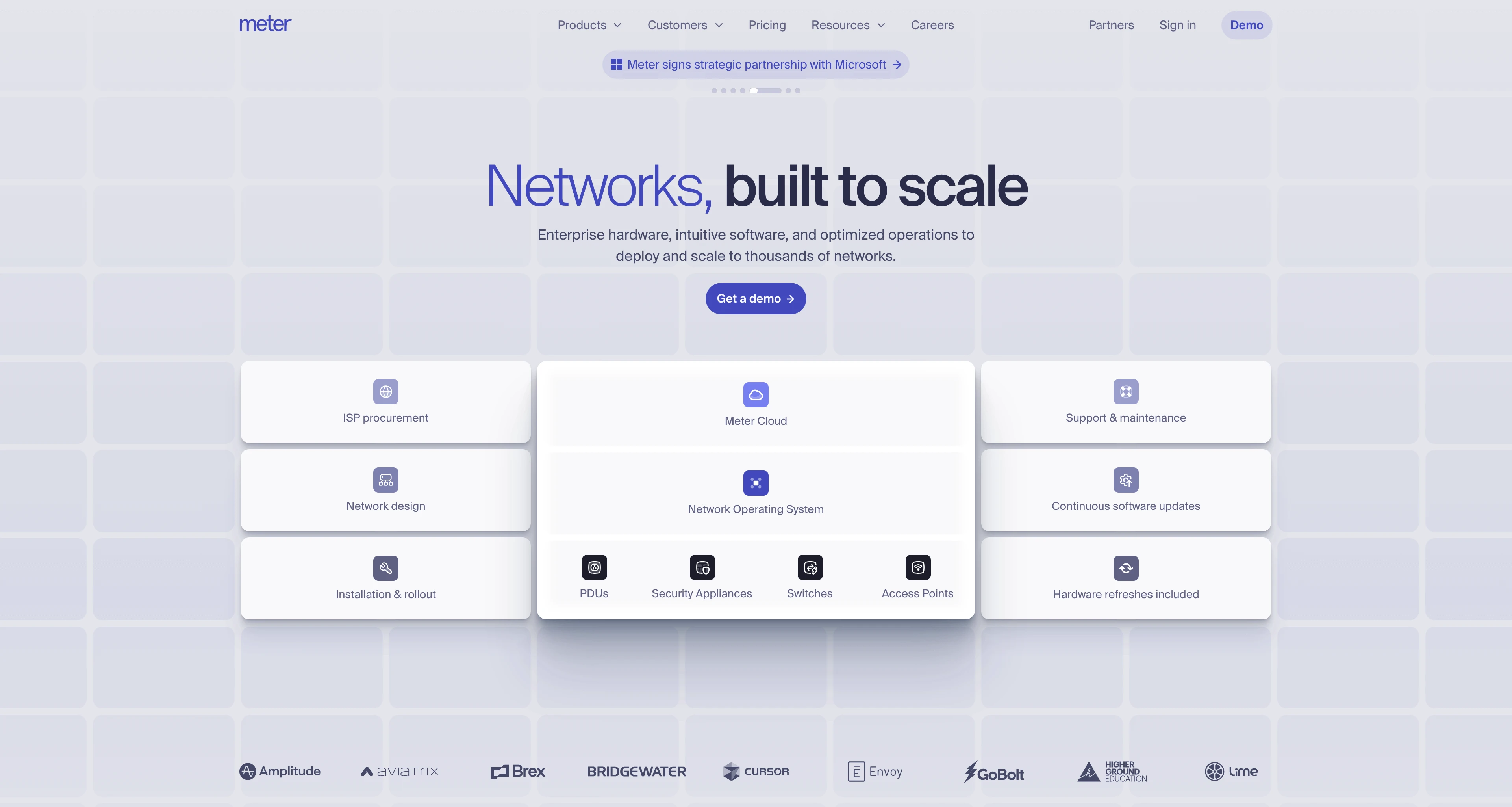 Full page screenshot of the Meter website. Internet infrastructure for the enterprise. Meter builds networking …