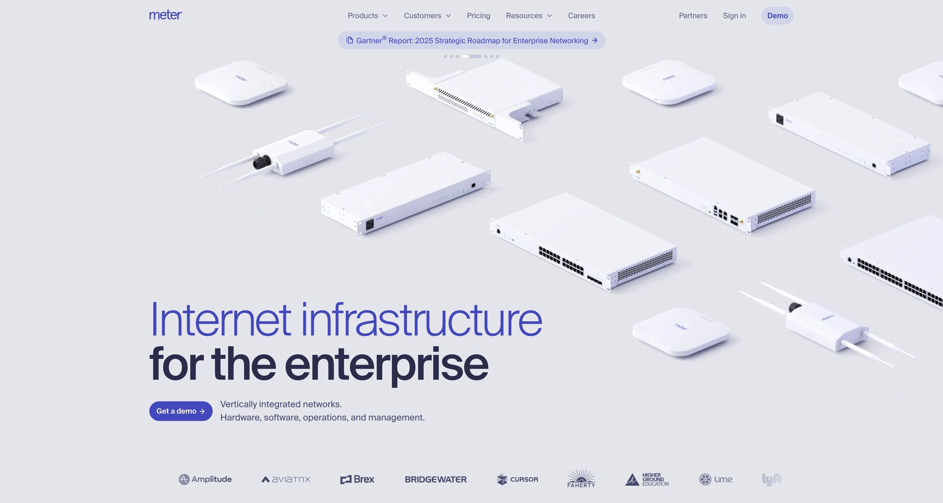 Full page screenshot of the Meter website. Internet infrastructure for the enterprise. Meter builds networking …