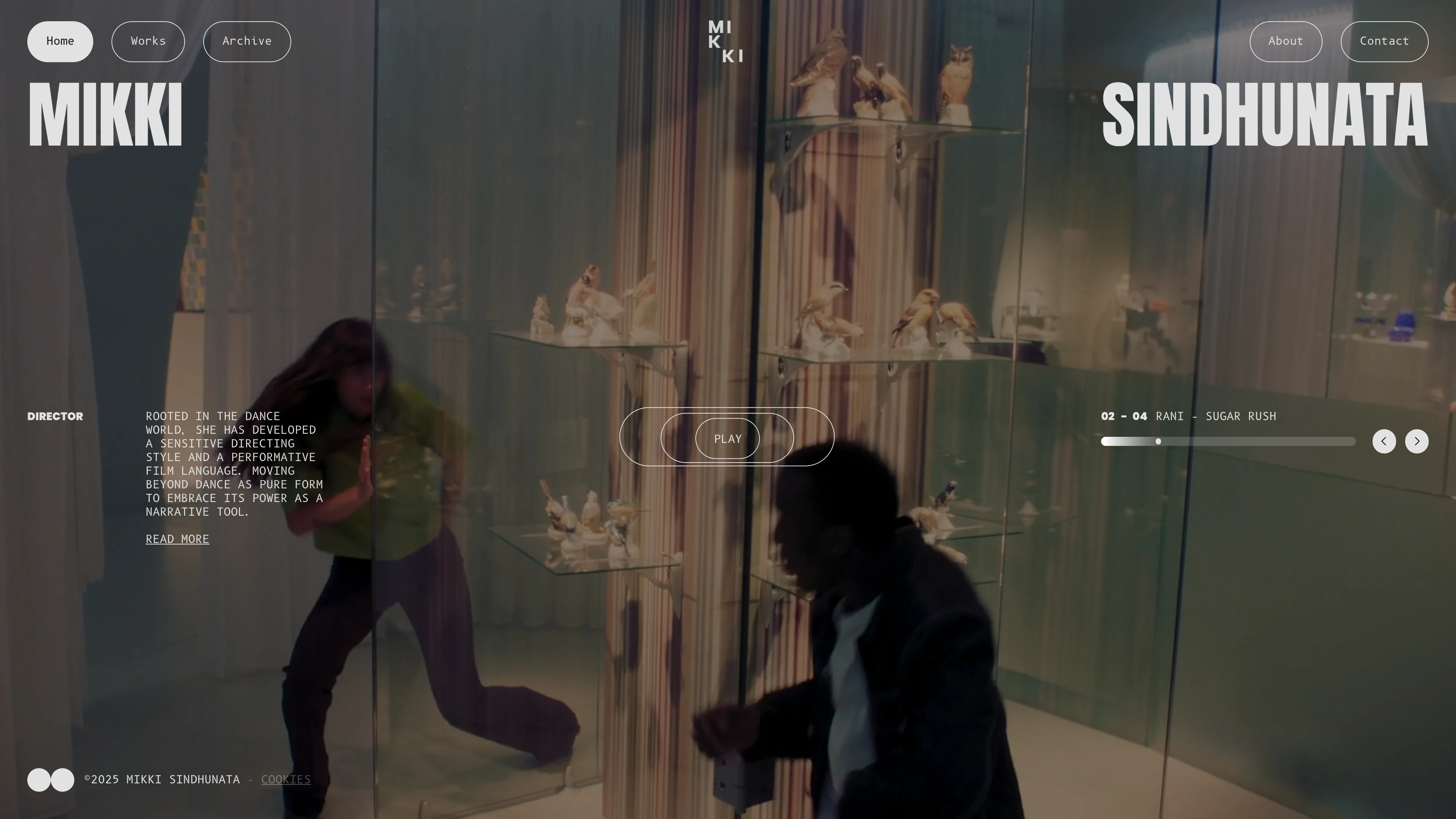 Full page screenshot of the Mikki Sindhunata website. As a film director with a dance background, Mikki explores thedeeper potential …