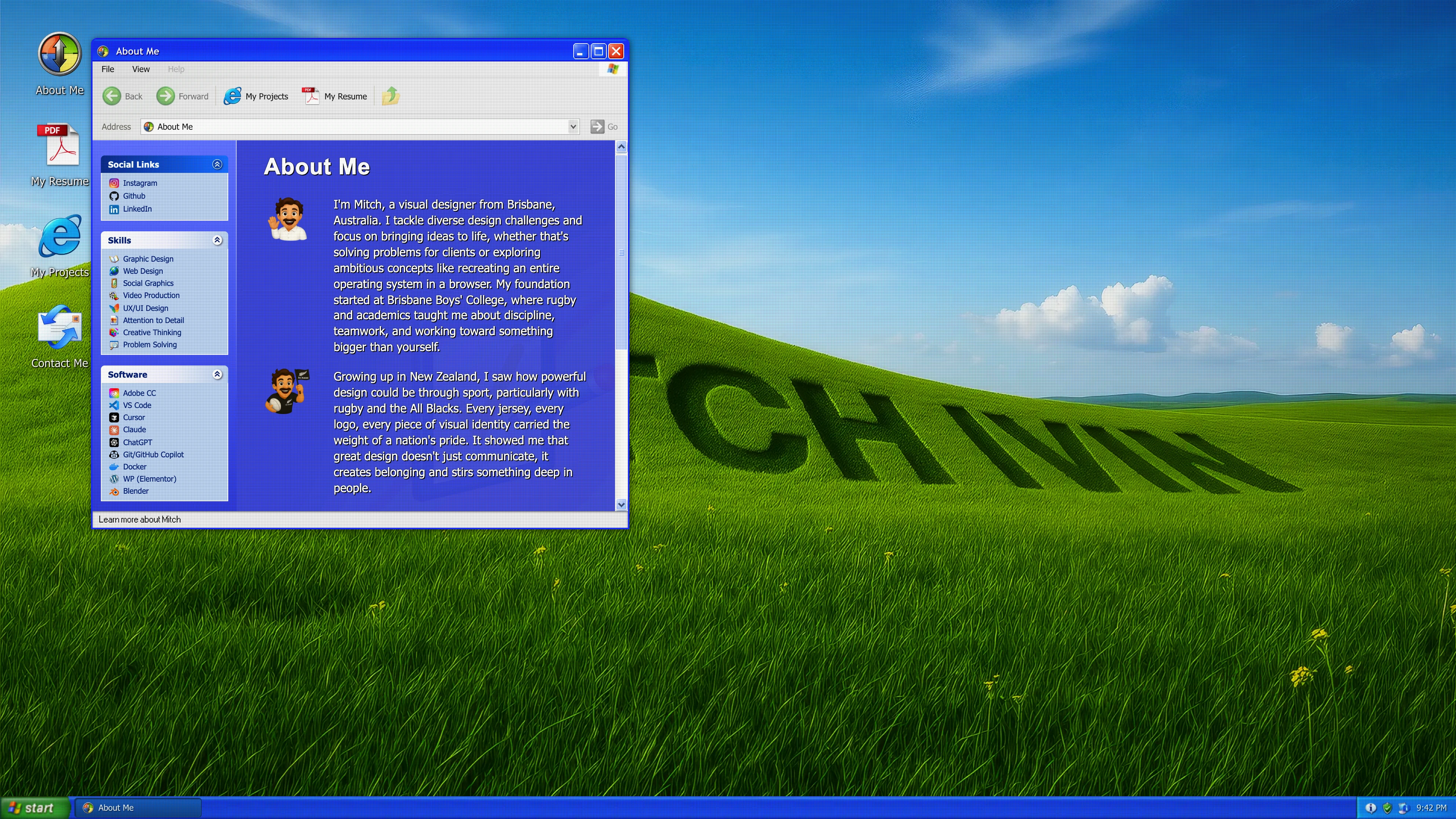 Full page screenshot of the MitchIvin XP website. A Windows XP–style interactive portfolio showcasing design, video, and UI work …