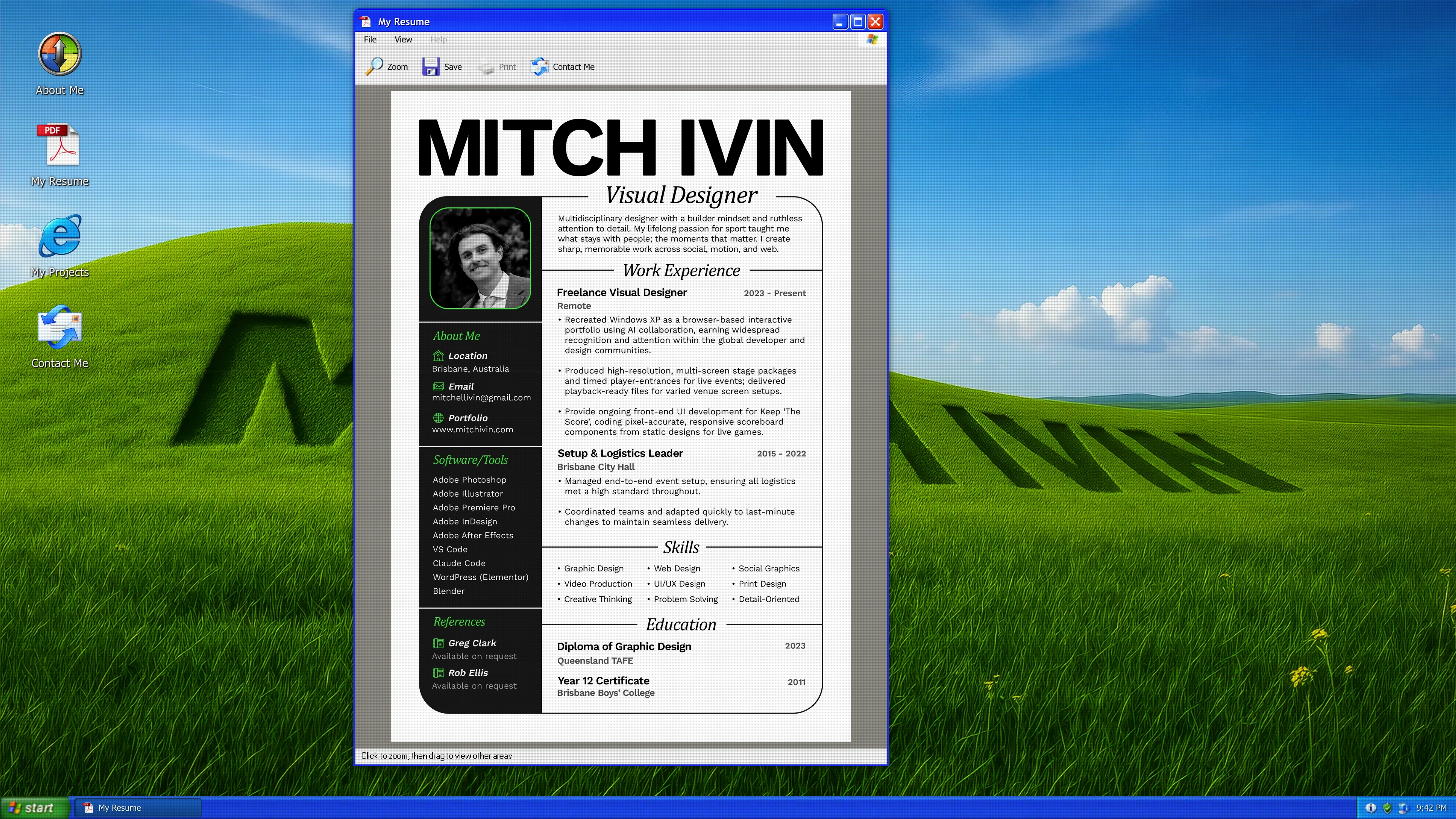 Full page screenshot of the MitchIvin XP website. A Windows XP–style interactive portfolio showcasing design, video, and UI work …