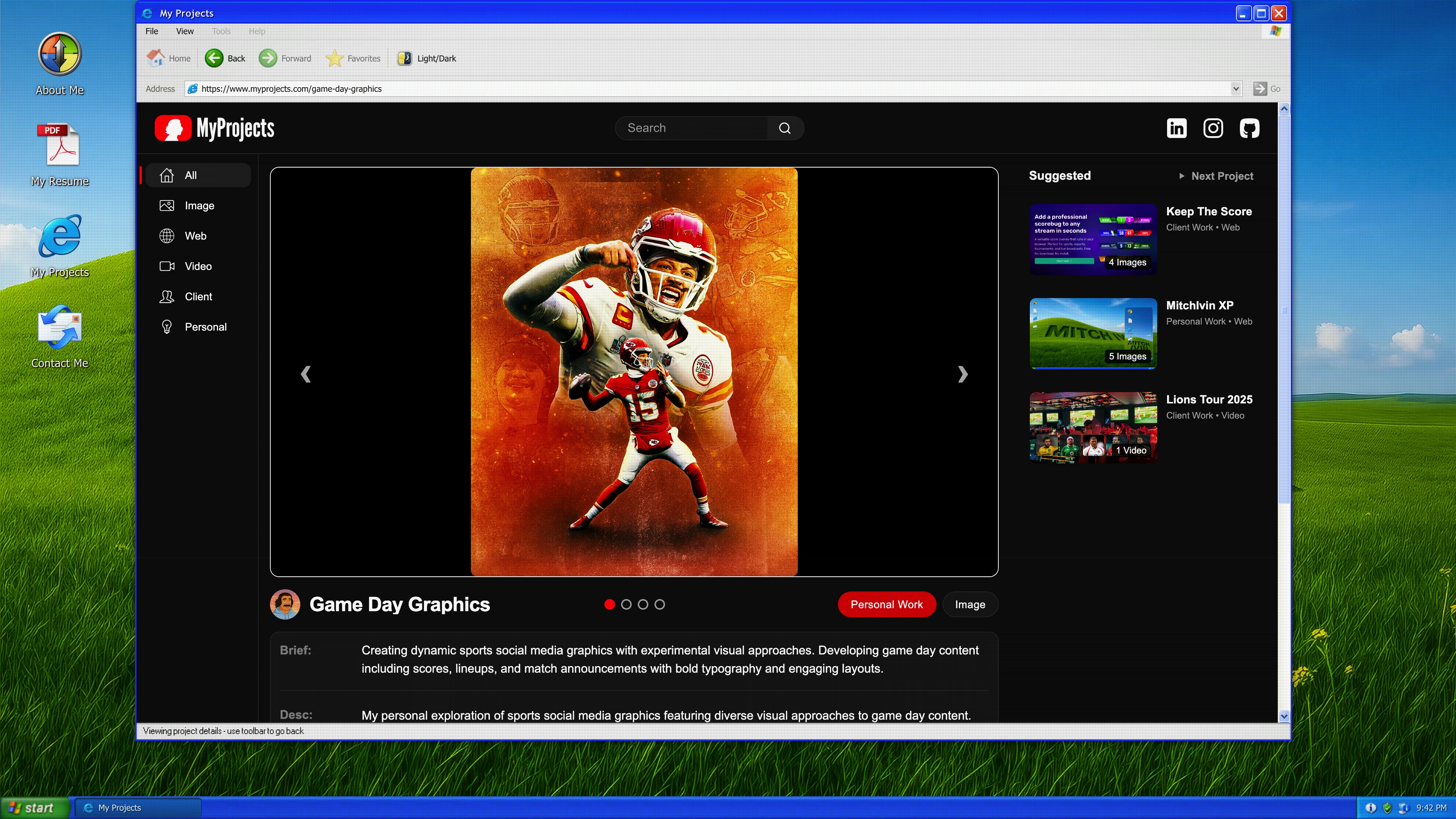 Full page screenshot of the MitchIvin XP website. A Windows XP–style interactive portfolio showcasing design, video, and UI work …