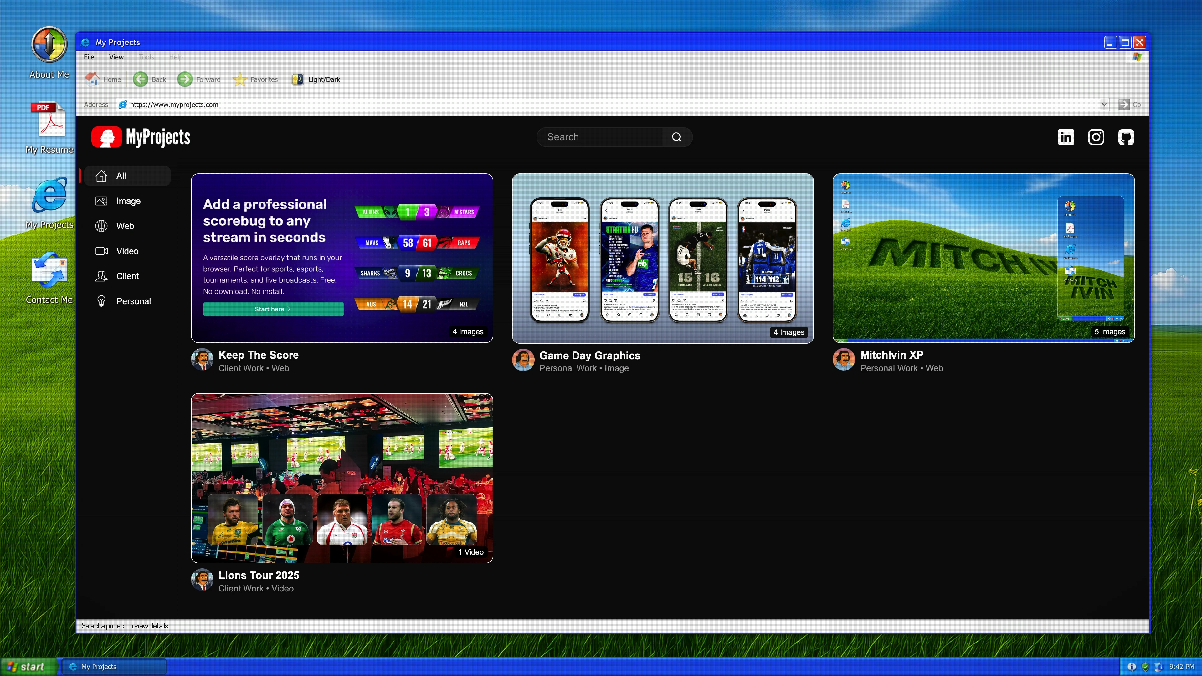 Full page screenshot of the MitchIvin XP website. A Windows XP–style interactive portfolio showcasing design, video, and UI work …