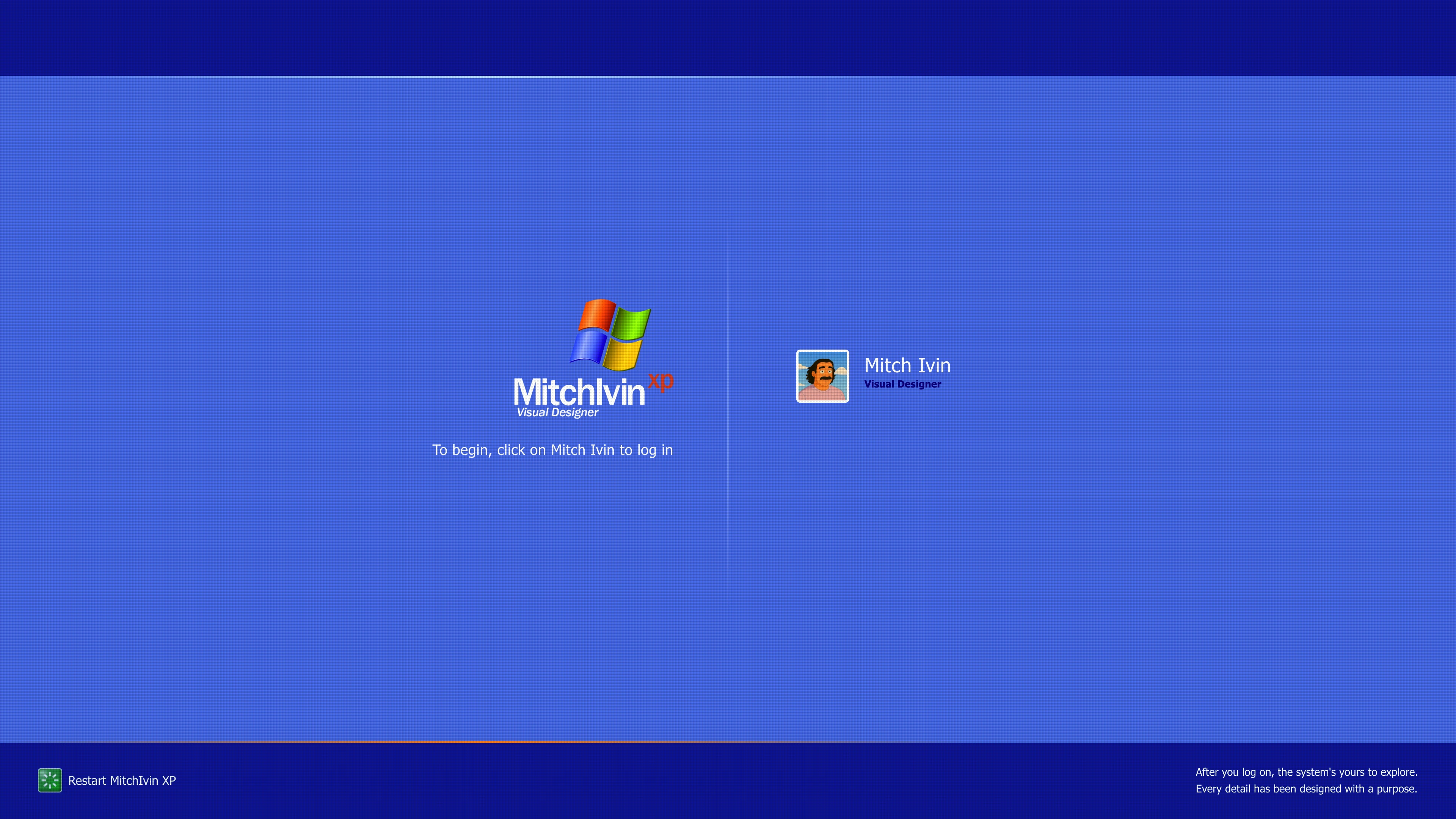 Full page screenshot of the MitchIvin XP website. A Windows XP–style interactive portfolio showcasing design, video, and UI work …