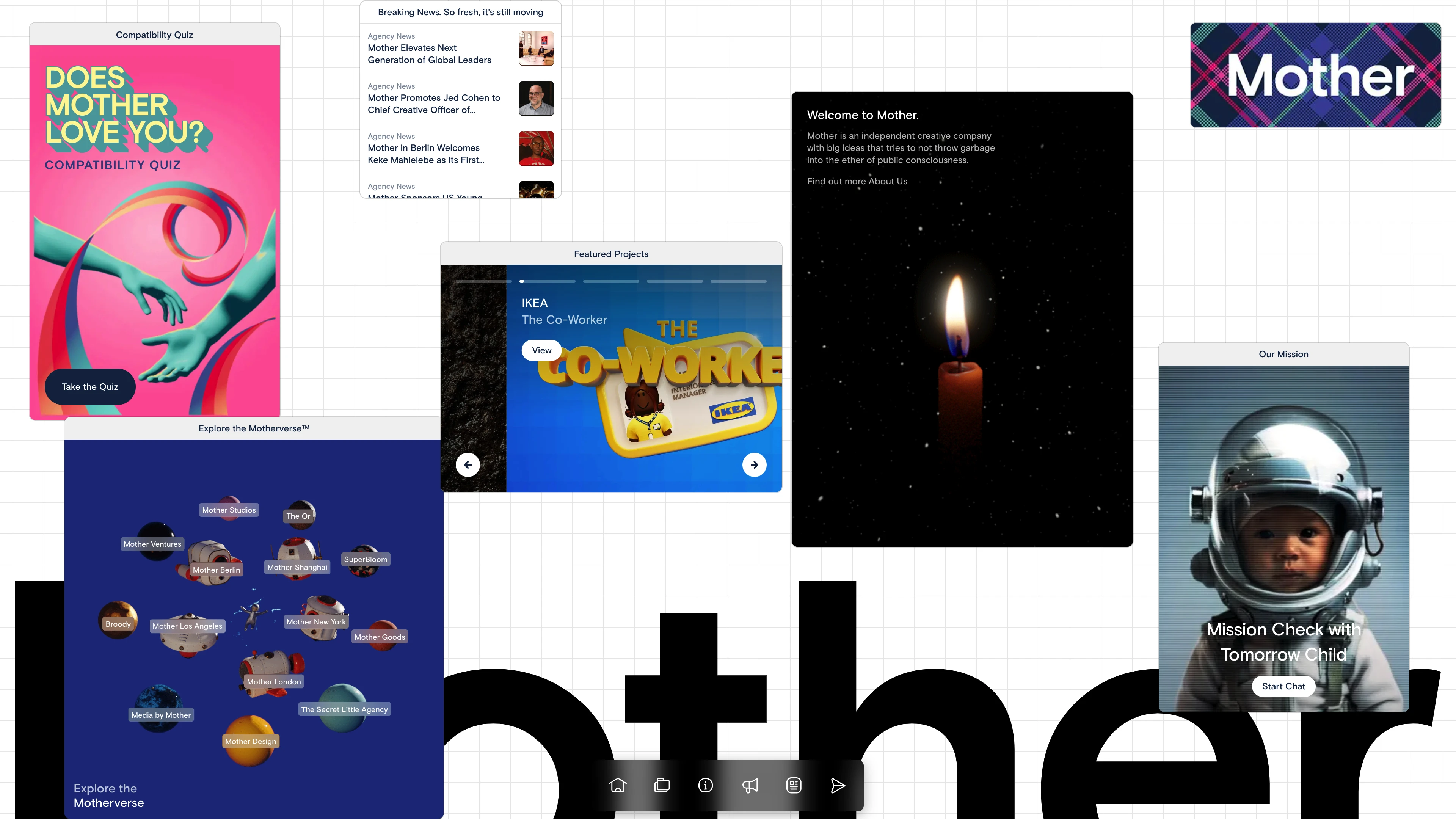 Full page screenshot of the Mother Family website. A meeting place for the world’s best creatives and the world’s most ambitious …