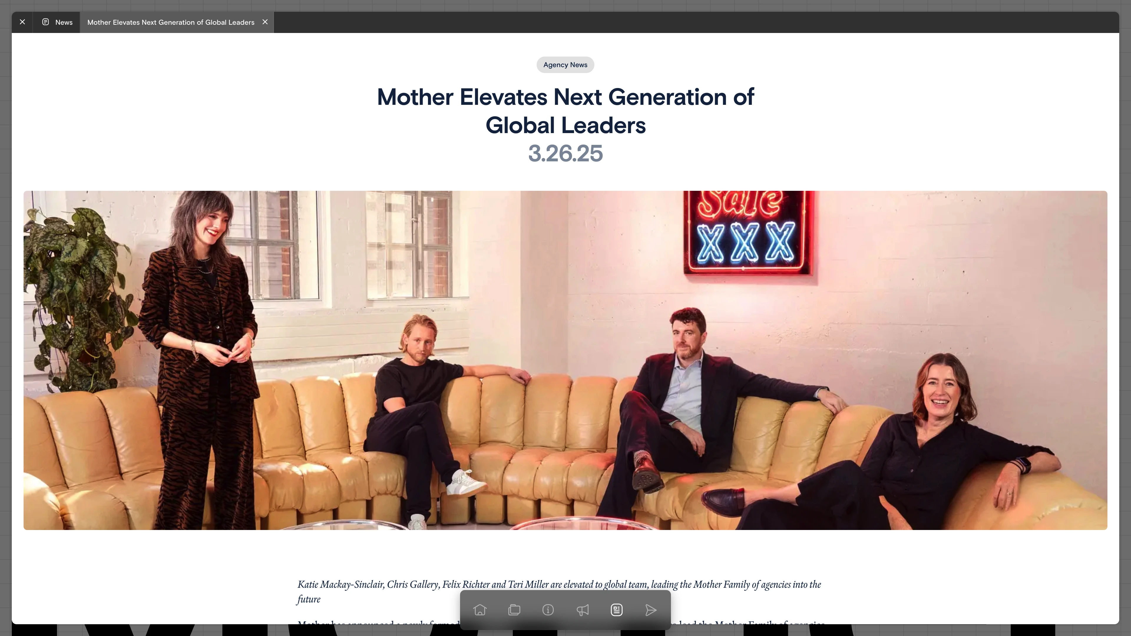 Full page screenshot of the Mother Family website. A meeting place for the world’s best creatives and the world’s most ambitious …