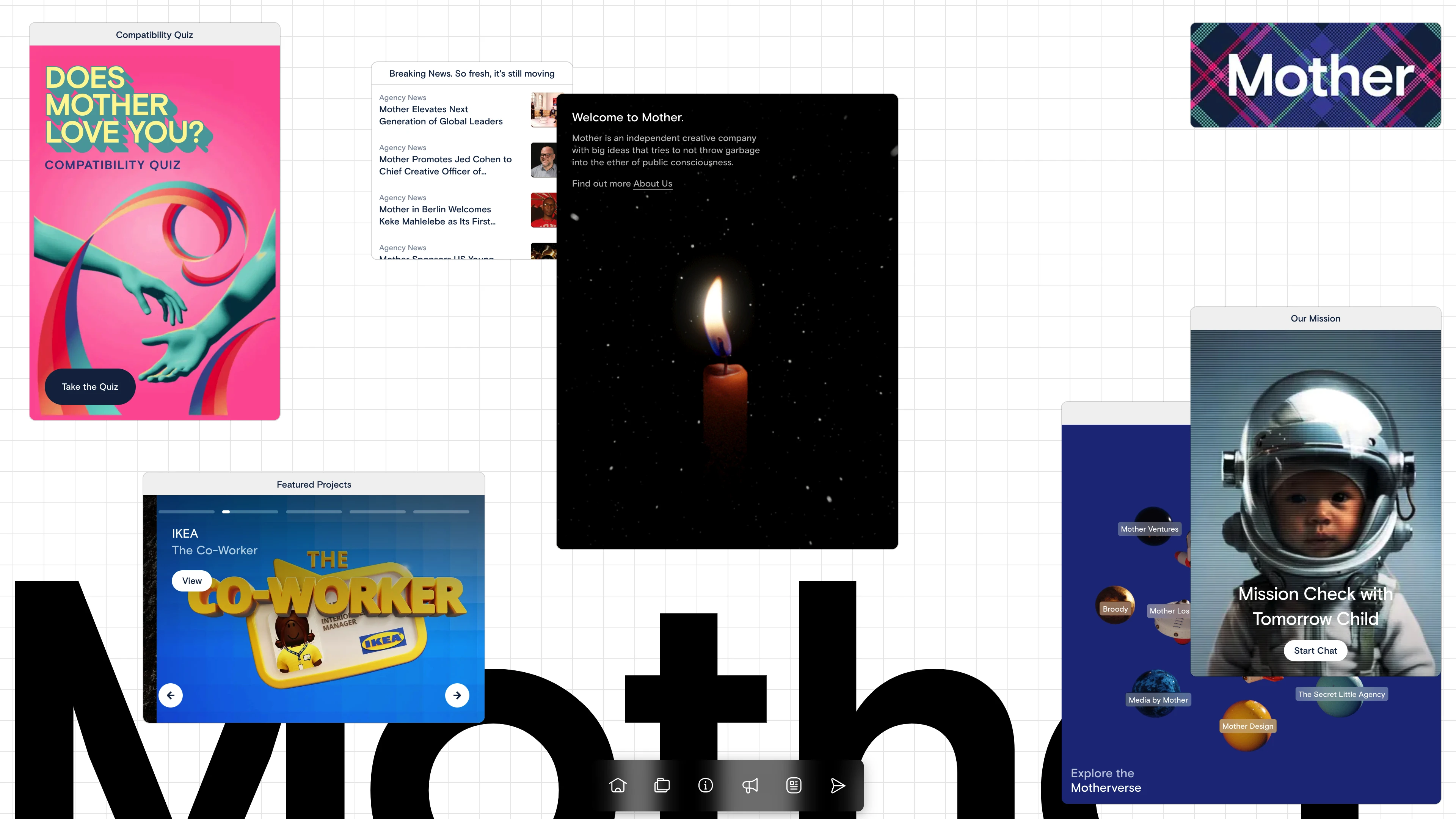 Full page screenshot of the Mother Family website. A meeting place for the world’s best creatives and the world’s most ambitious …