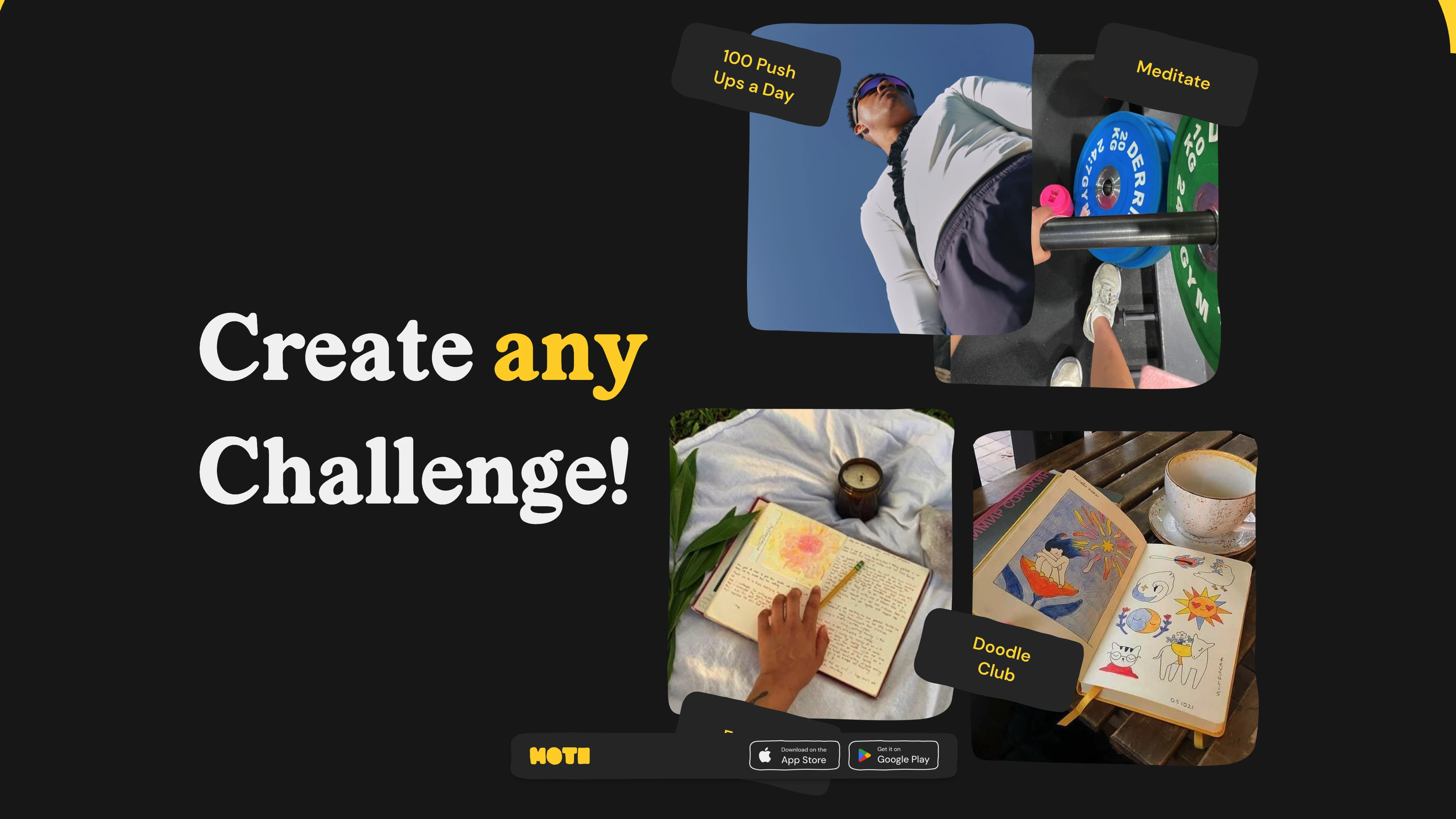 Full page screenshot of the Moti App website. The award-winning challenge creation app - Create challenges, Compete against …