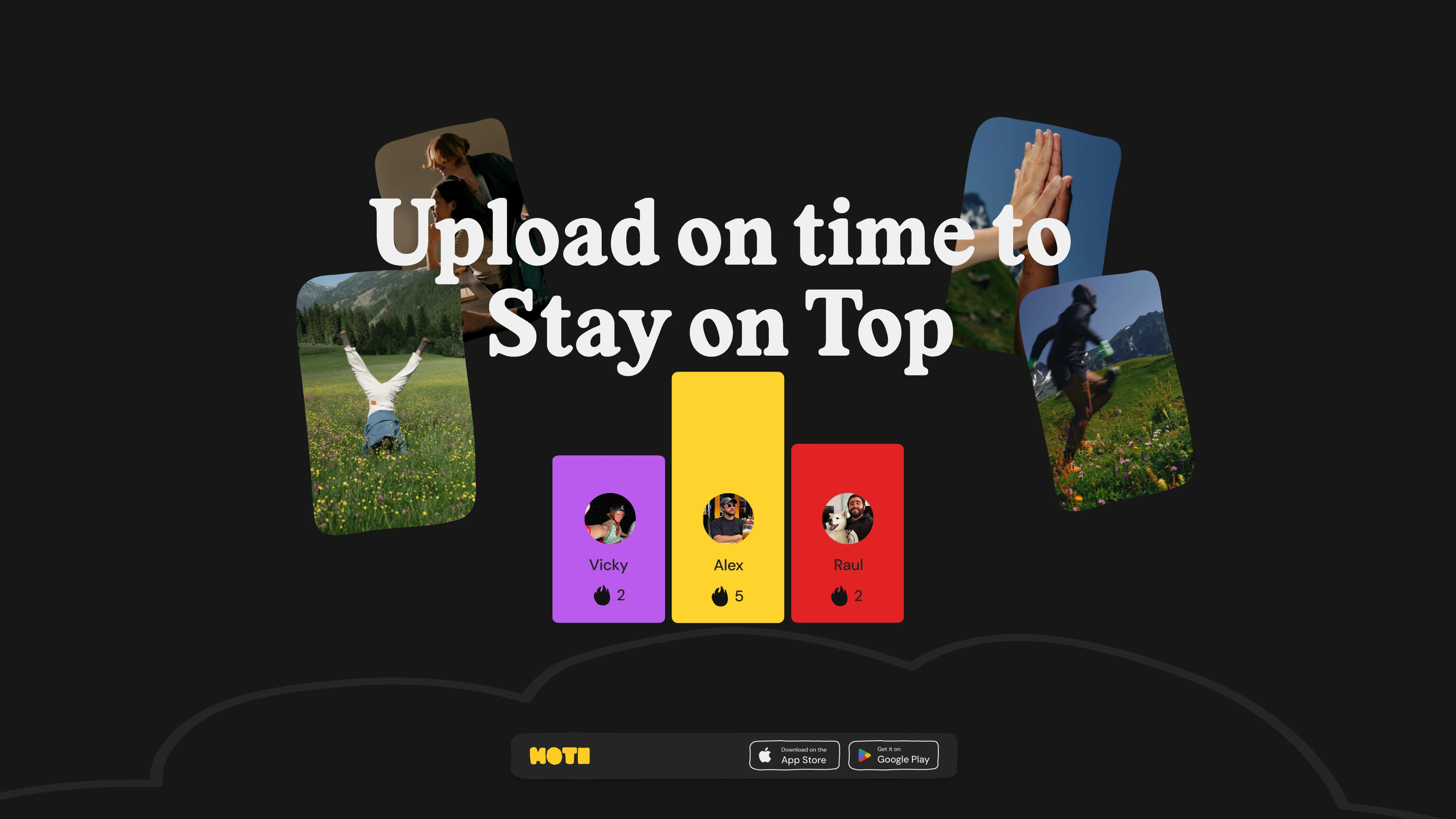 Full page screenshot of the Moti App website. The award-winning challenge creation app - Create challenges, Compete against …