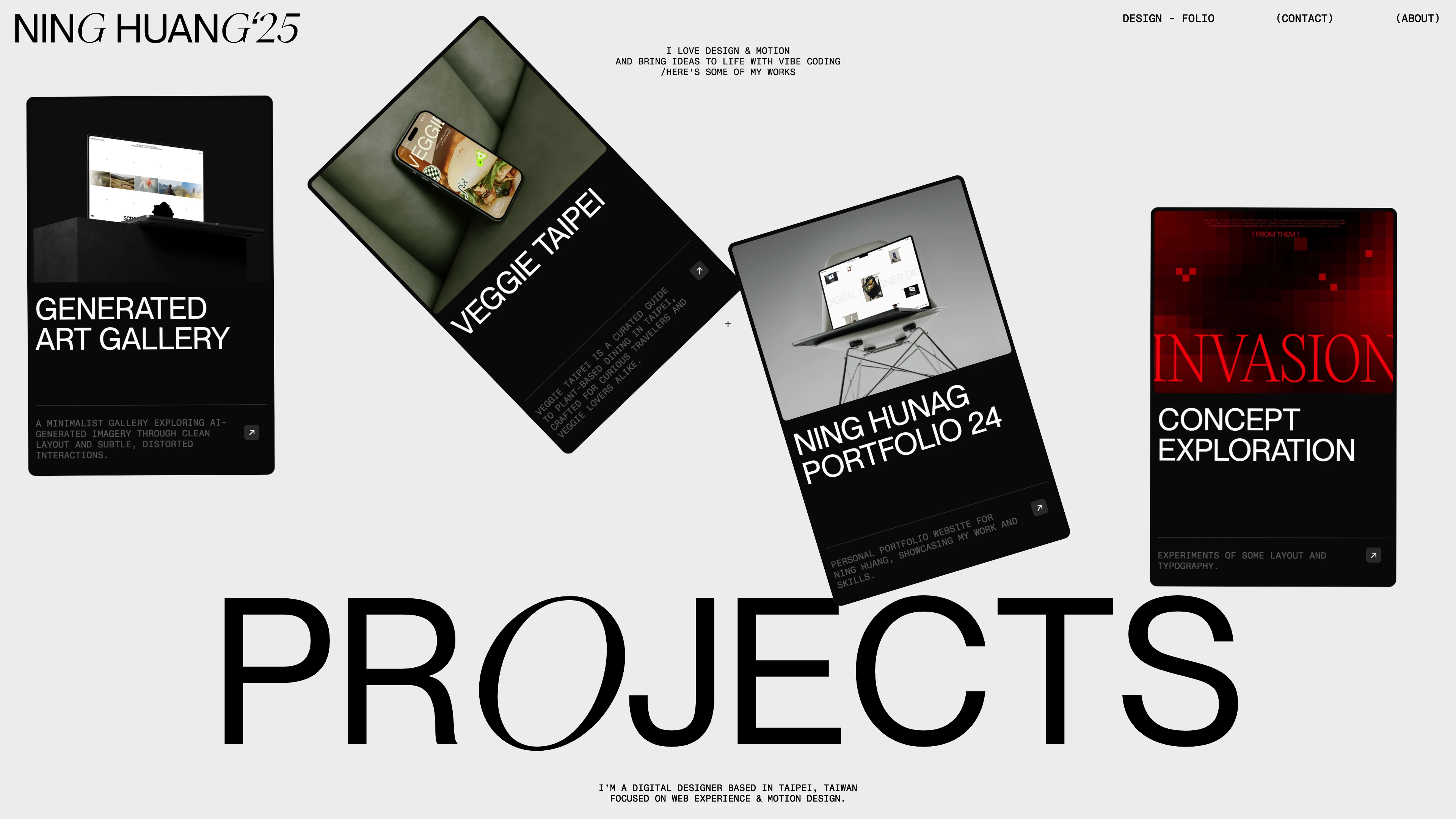 Full page screenshot of the Ning Huang website. Ning Huang is a designer focus on digitalexperience and creative development.