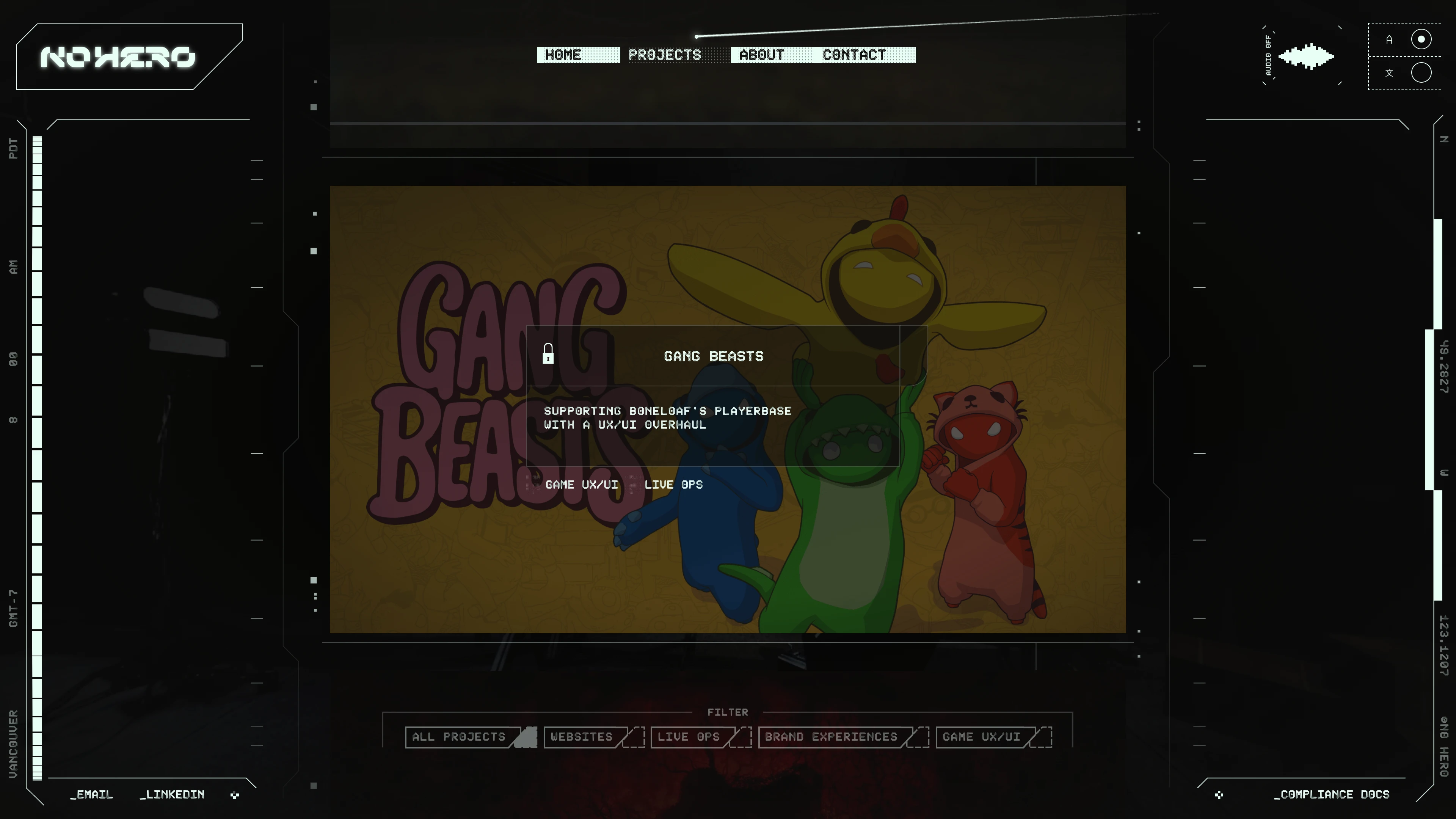 Full page screenshot of the No Hero Studio website. No Hero is a co-development partner for video games and fandom studios to design …