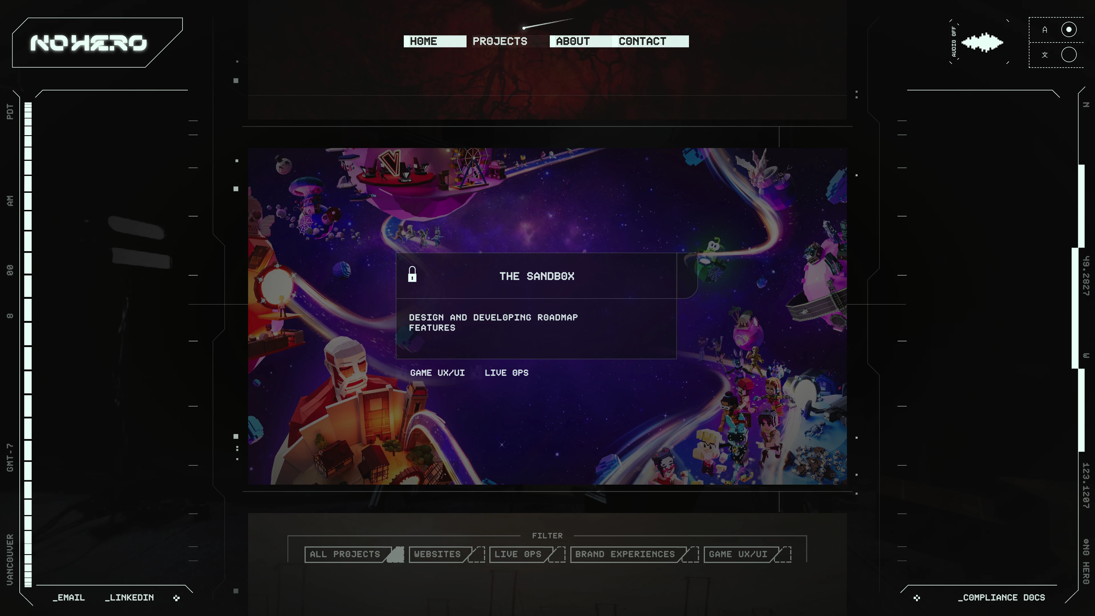 Full page screenshot of the No Hero Studio website. No Hero is a co-development partner for video games and fandom studios to design …