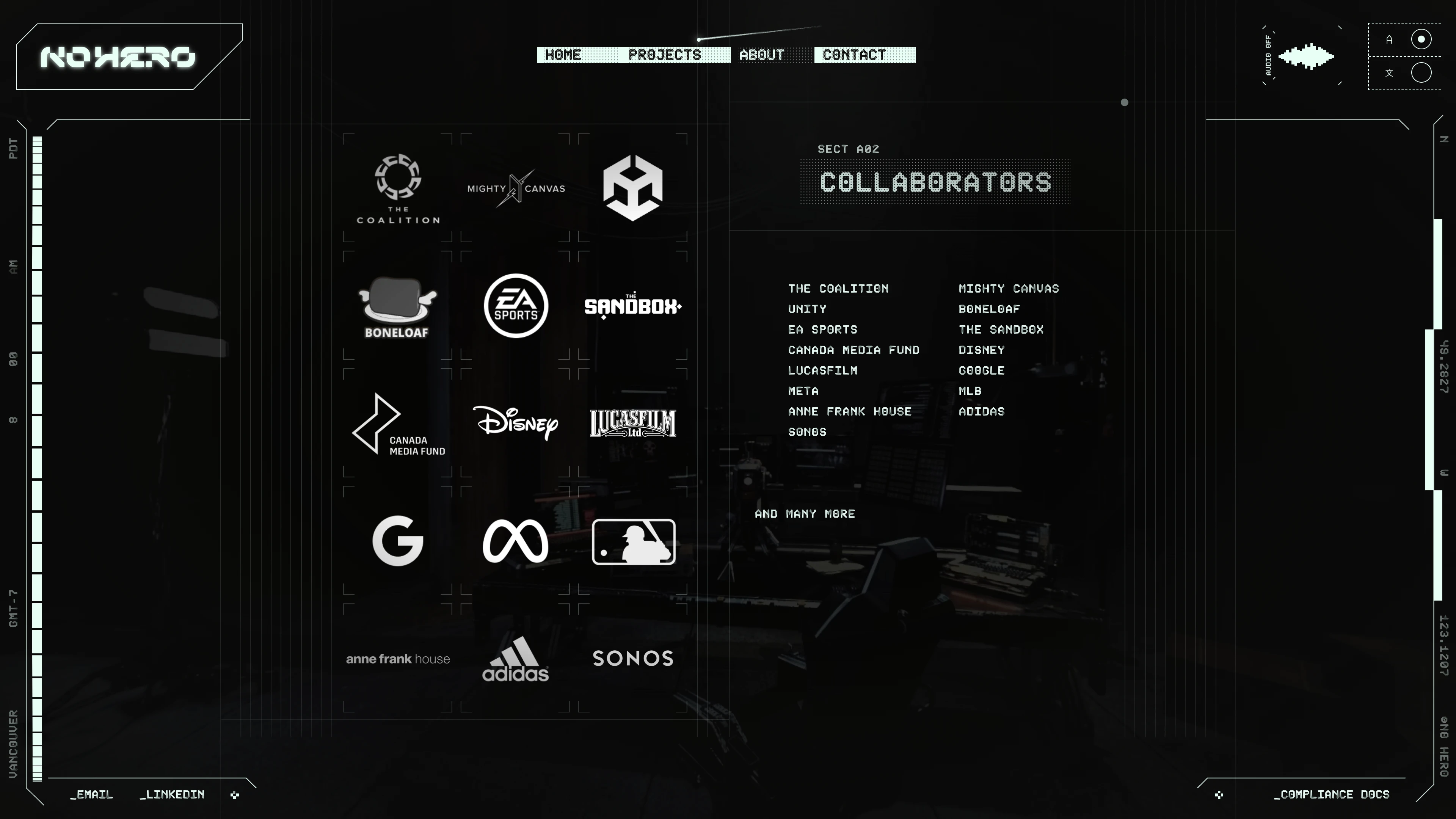 Full page screenshot of the No Hero Studio website. No Hero is a co-development partner for video games and fandom studios to design …