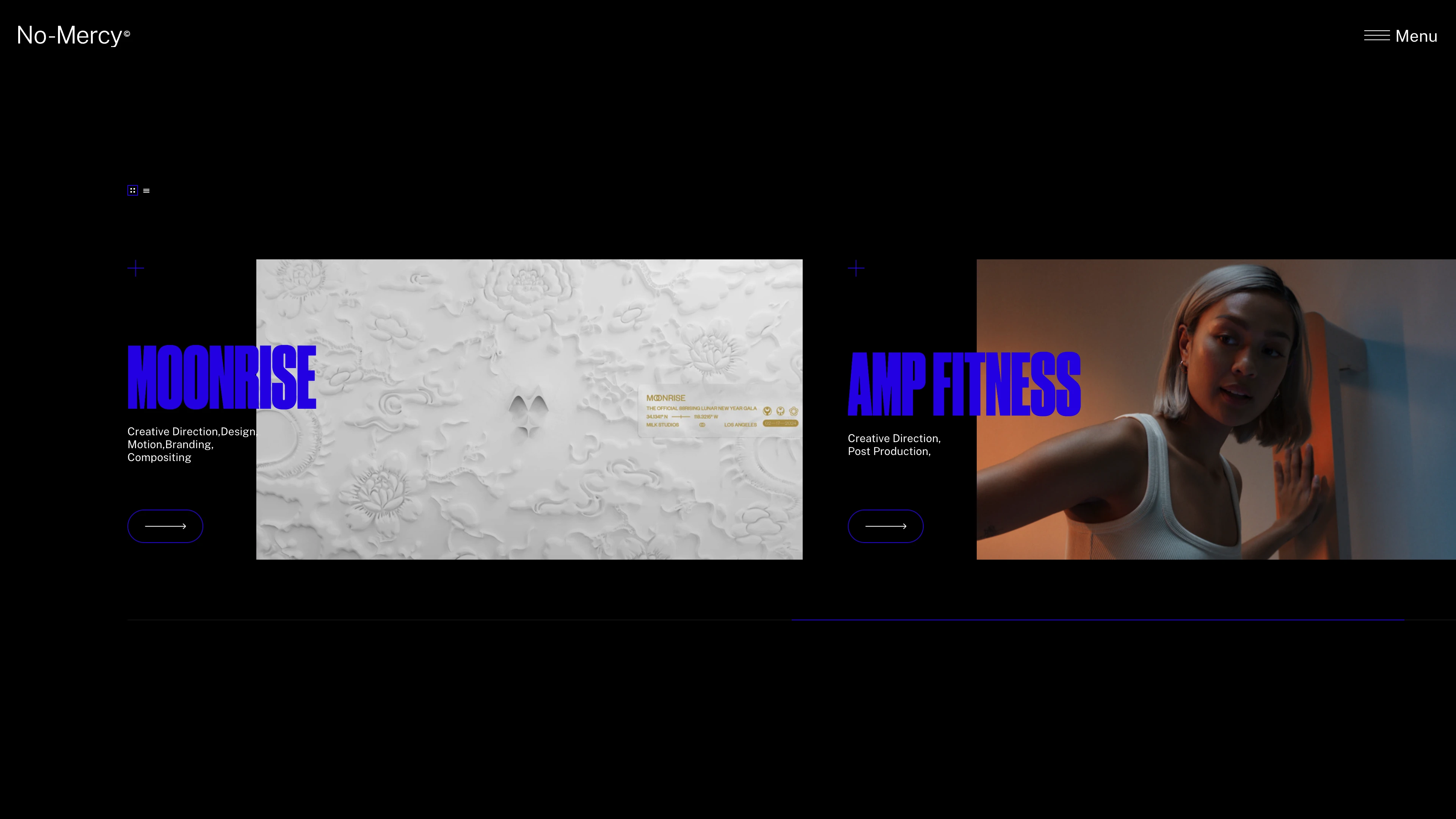 Full page screenshot of the No-Mercy website. Direction, design & motion. We are a creative studio based in San Francisco, Los …
