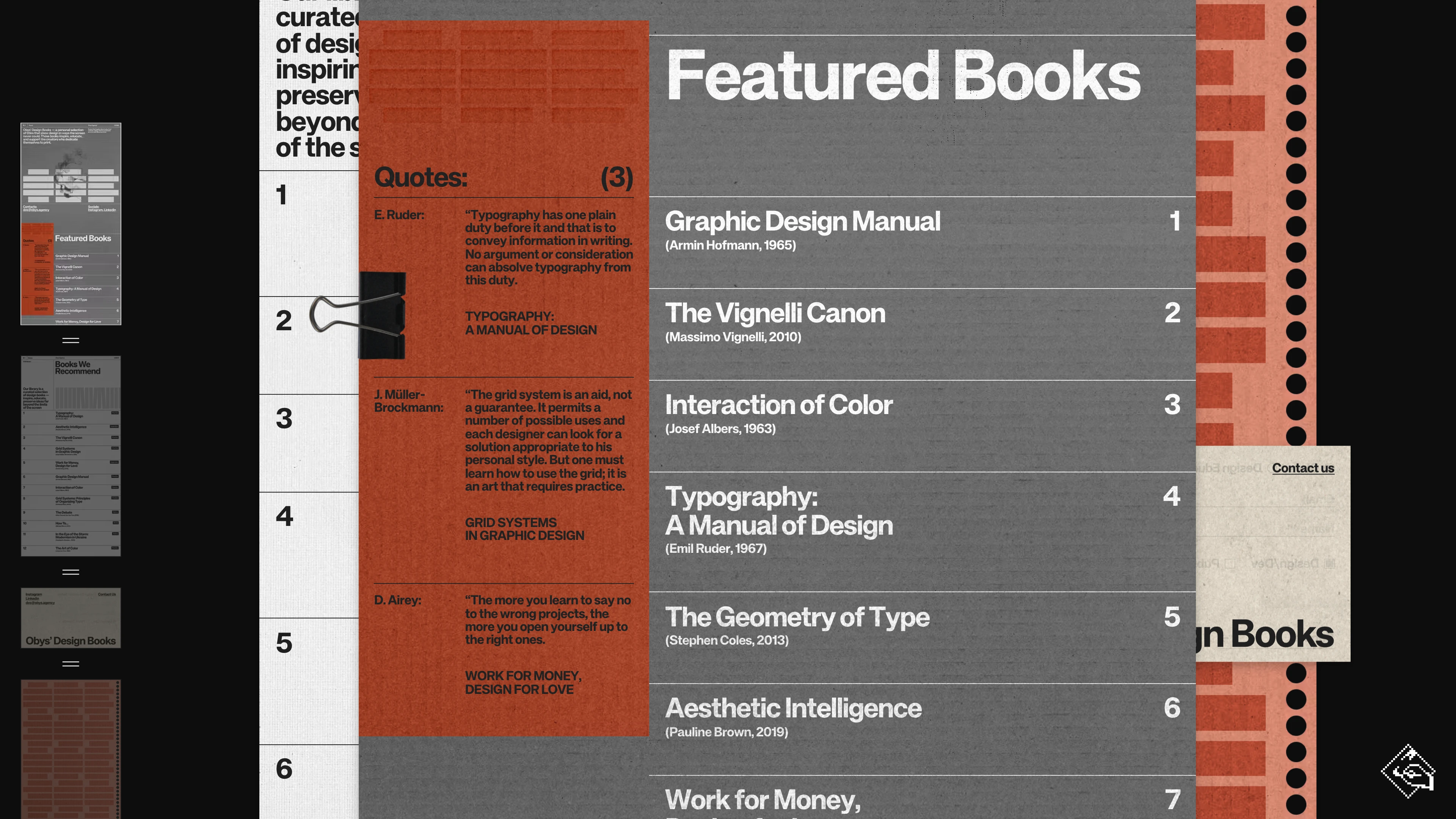 Full page screenshot of the Obys’ Design Books website. A personal selection of titles that show design in ways the screen never could. …
