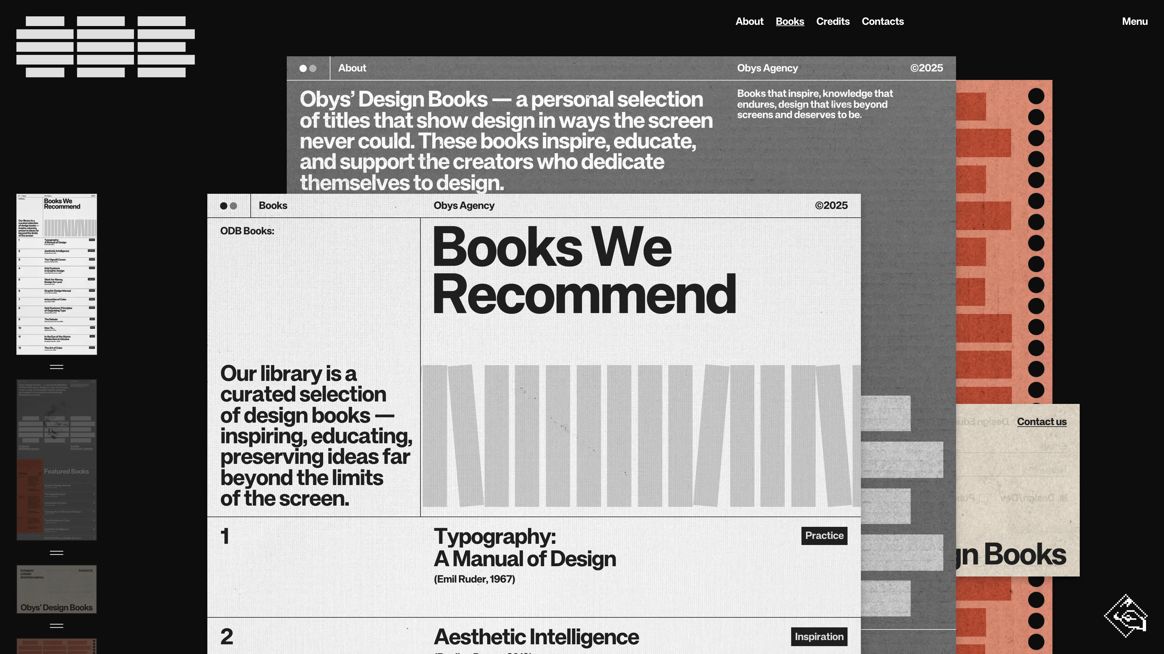 Full page screenshot of the Obys’ Design Books website. A personal selection of titles that show design in ways the screen never could. …