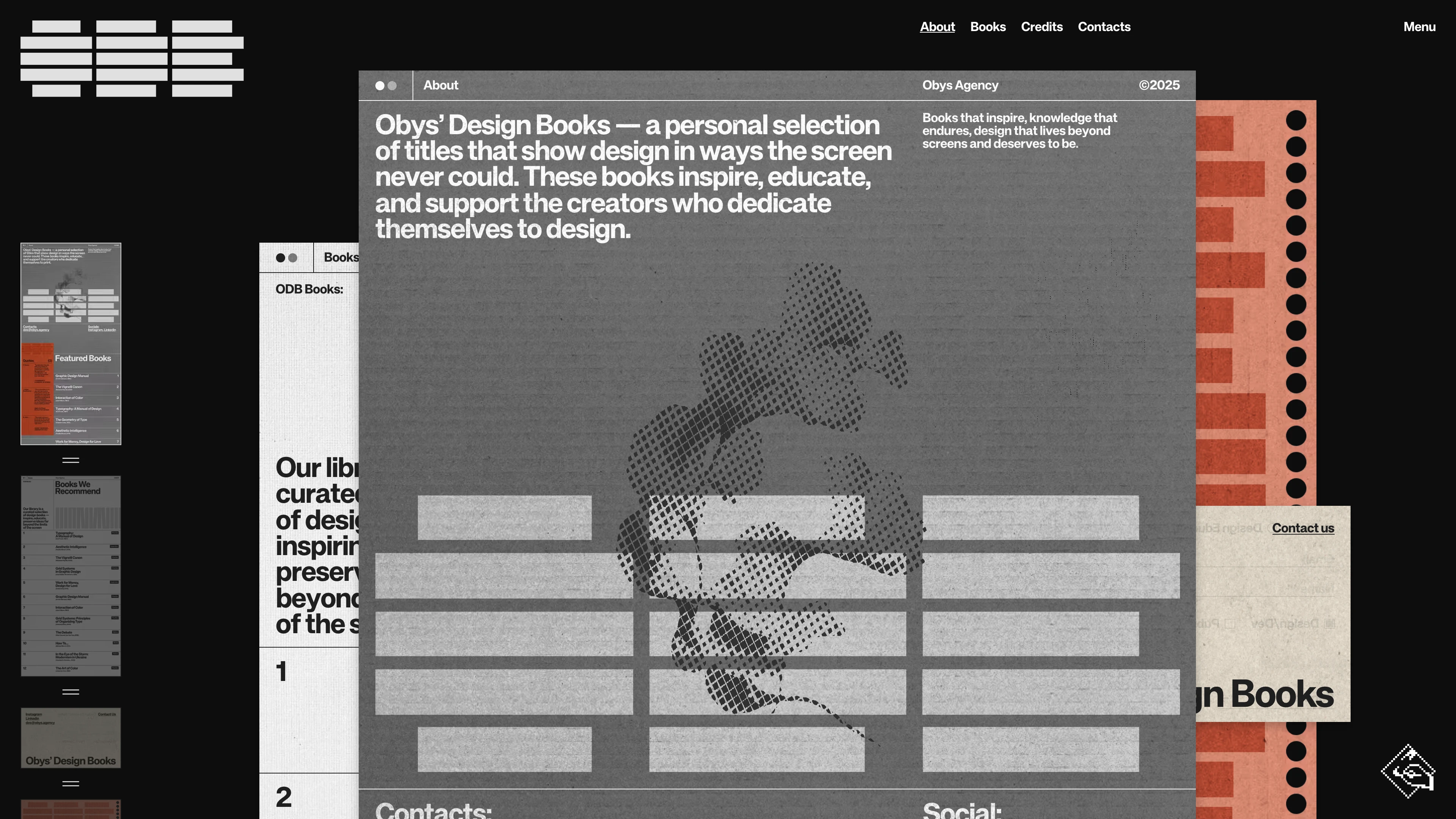 Full page screenshot of the Obys’ Design Books website. A personal selection of titles that show design in ways the screen never could. …