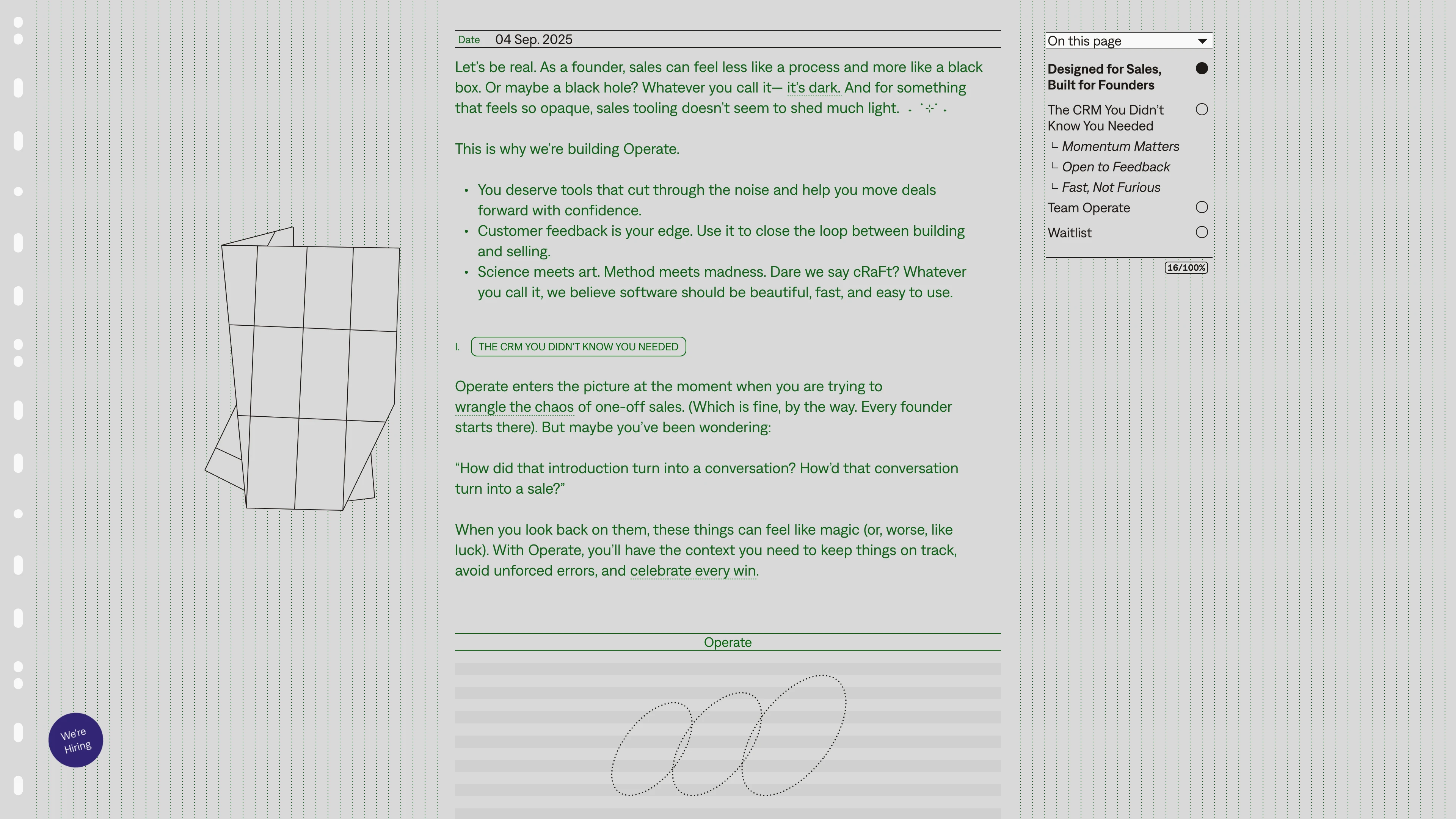 Full page screenshot of the Operate website. Not Yet Another Sales Tool. Operate is a precision-built tool designed to cut …