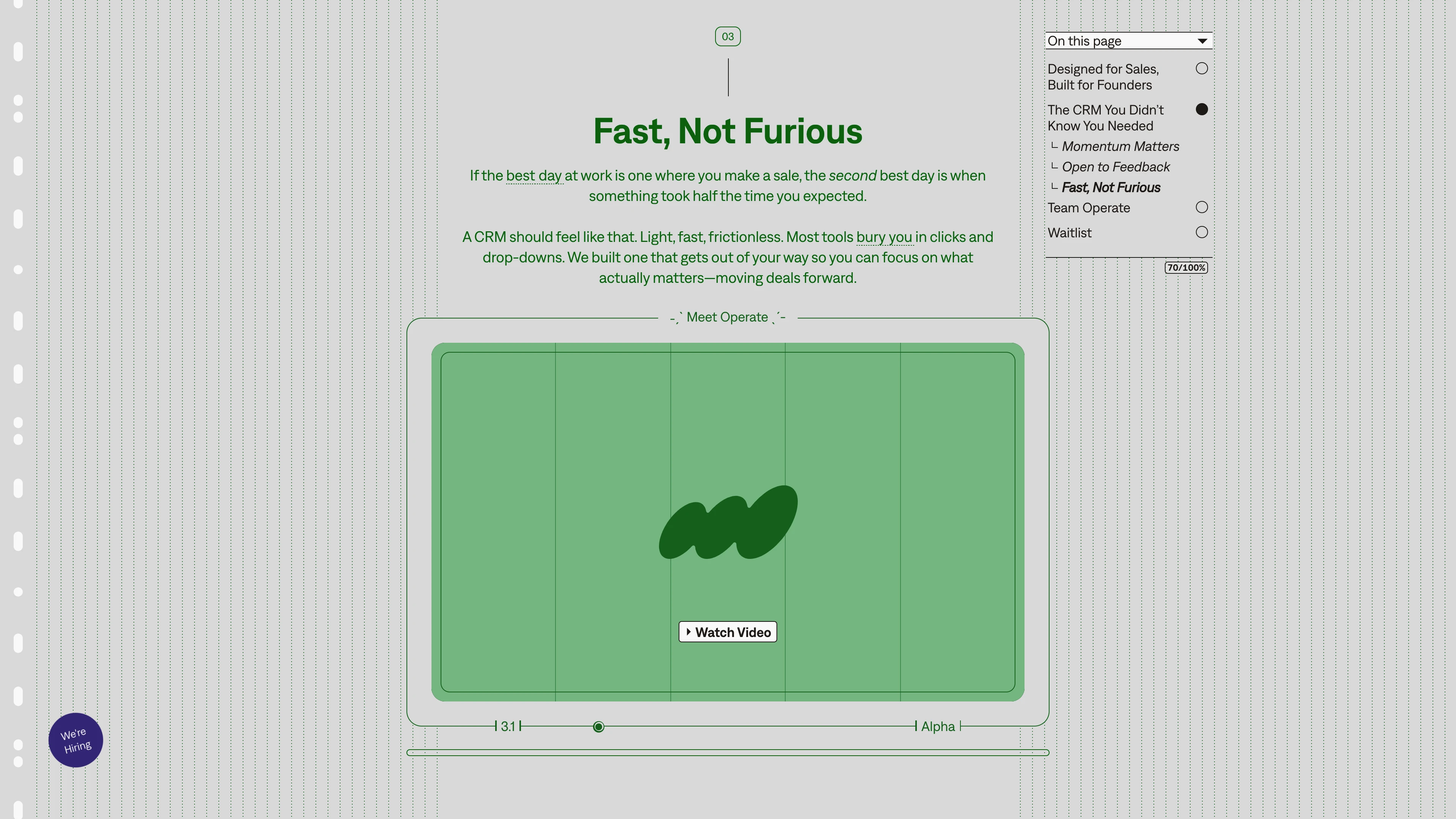 Full page screenshot of the Operate website. Not Yet Another Sales Tool. Operate is a precision-built tool designed to cut …