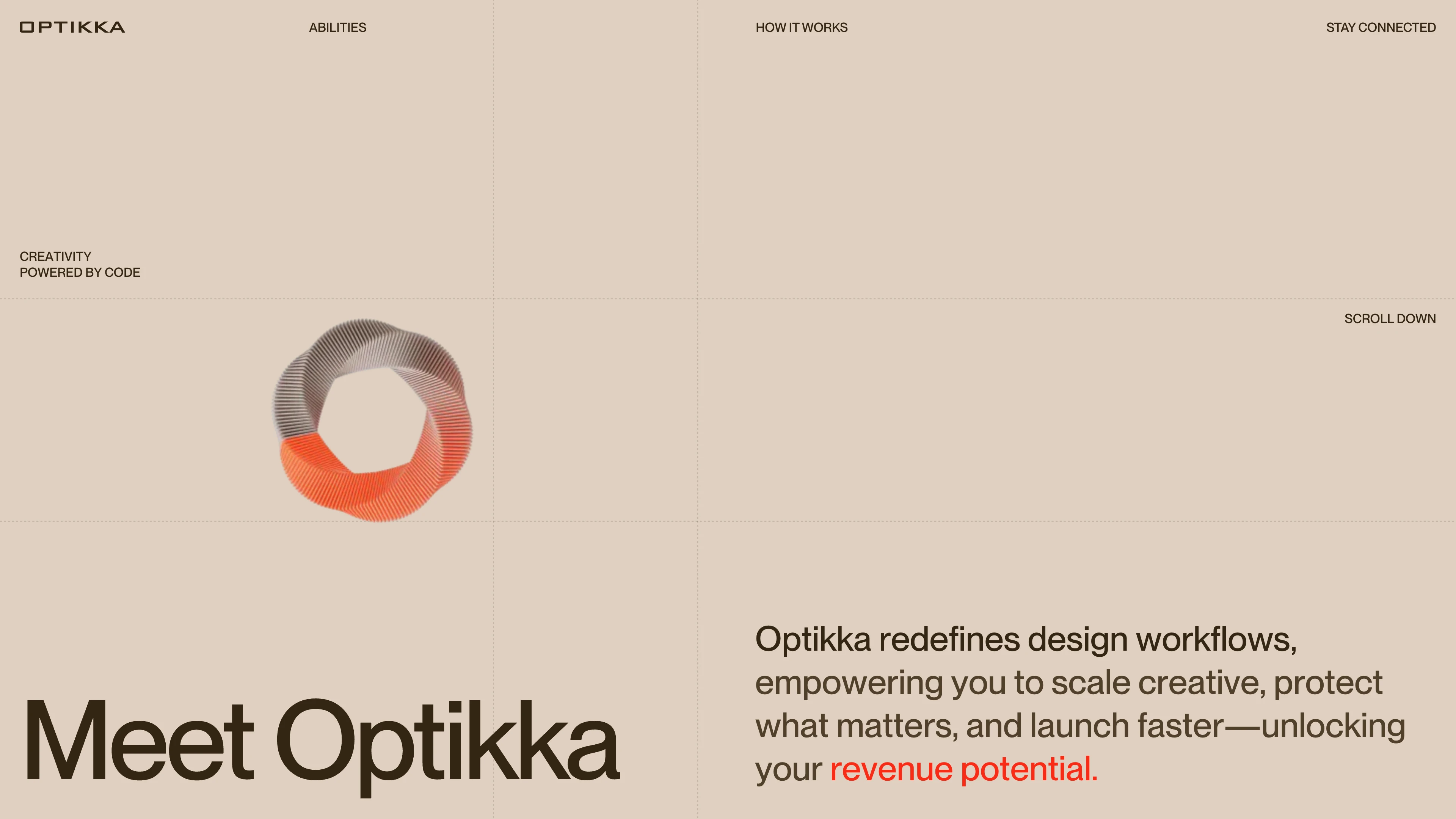 Full page screenshot of the Optikka website. Optikka redefines design workflows, empowering you to scale creative, protect …