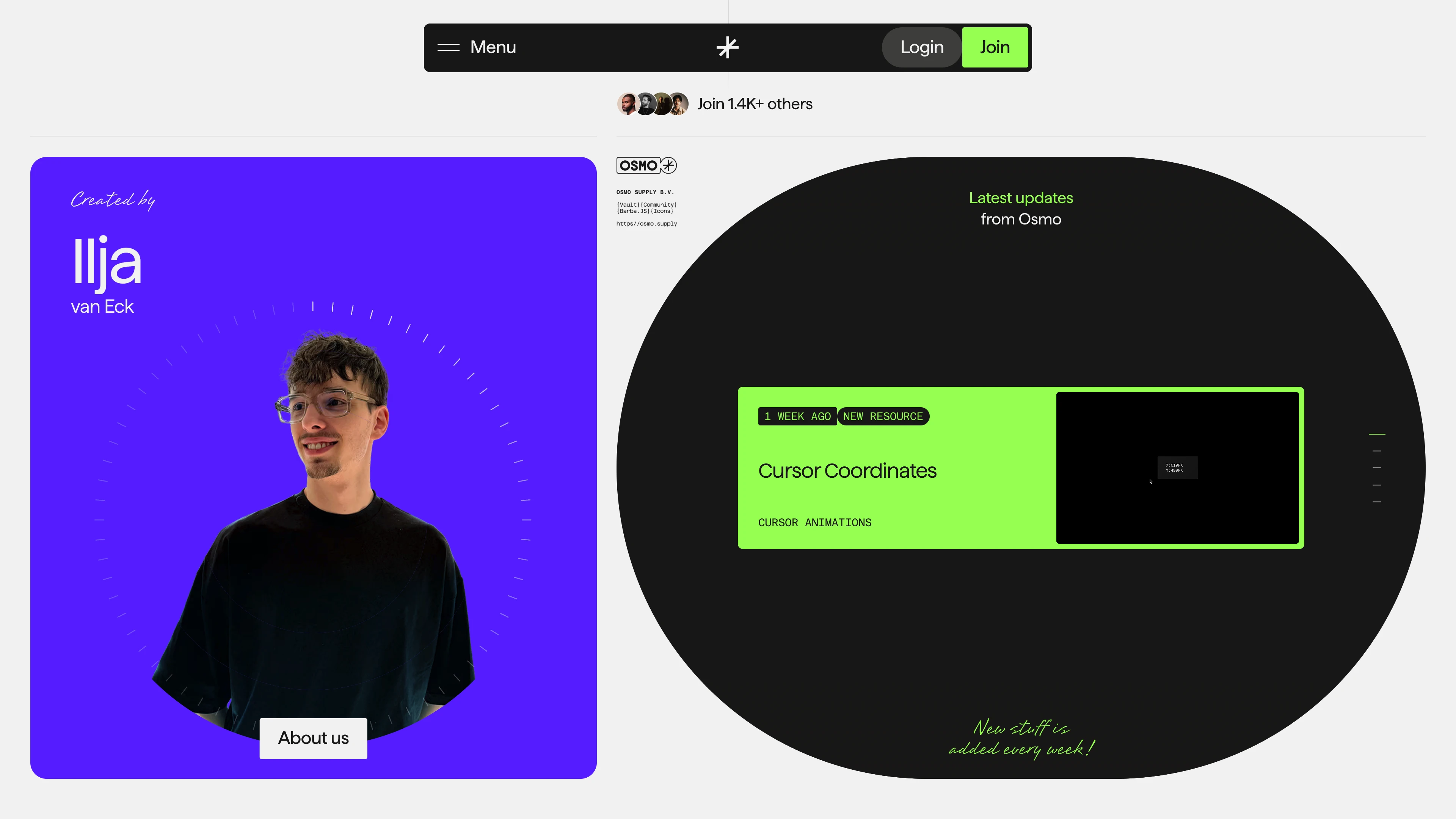 Full page screenshot of the Osmo website. Unlock the Osmo Vault packed with Webflow & HTML resources. Get exclusive access …