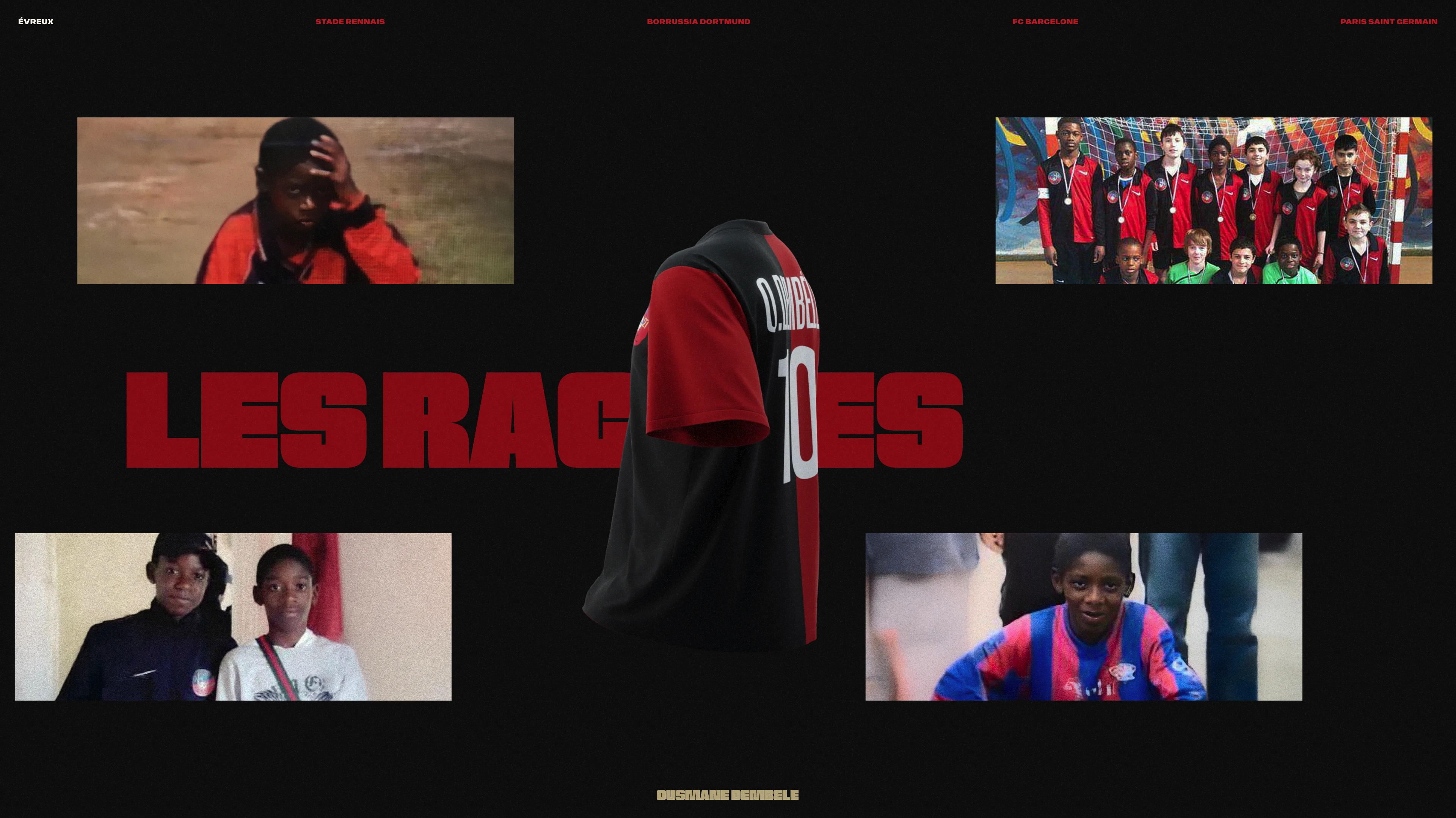Full page screenshot of the Ousmane Dembélé website. From Évreux to PSG via Rennes, Dortmund & Barcelona. Explore Ousmane Dembélé's …