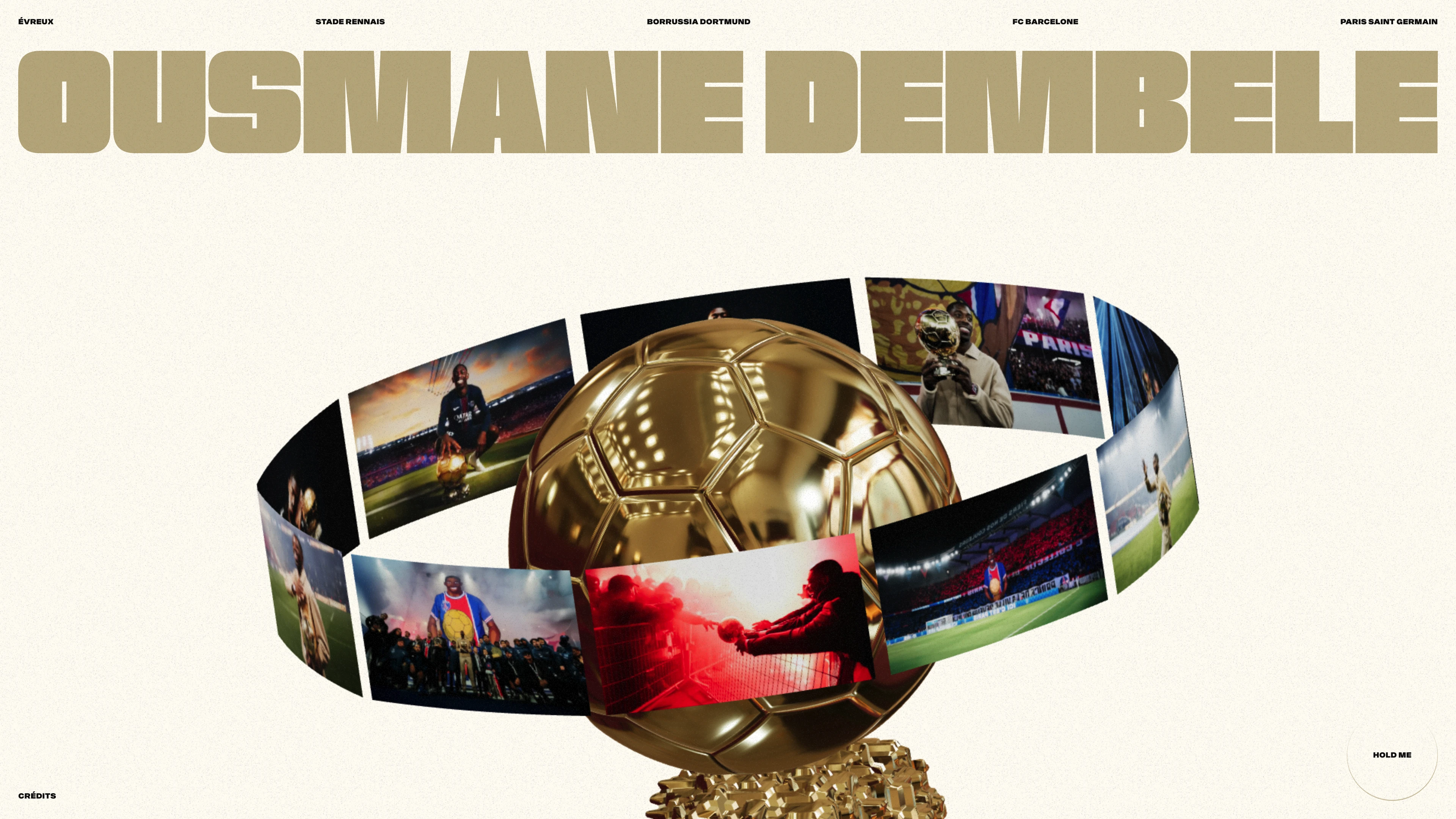 Full page screenshot of the Ousmane Dembélé website. From Évreux to PSG via Rennes, Dortmund & Barcelona. Explore Ousmane Dembélé's …