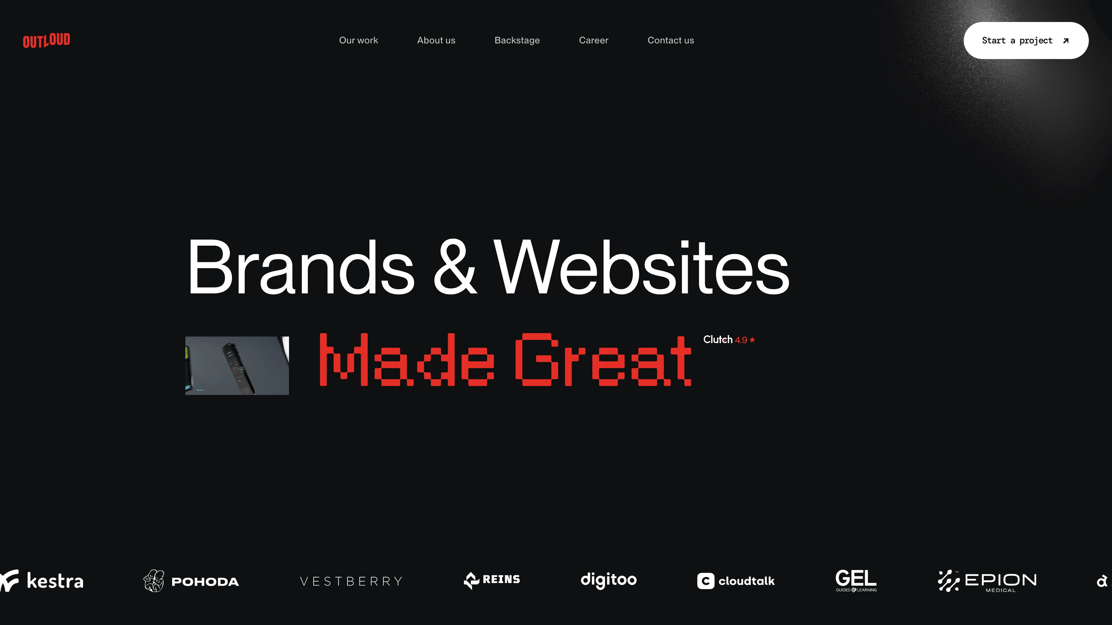 Full page screenshot of the Outloud website. From fast-growing startups to experienced companies, we deliver functional …