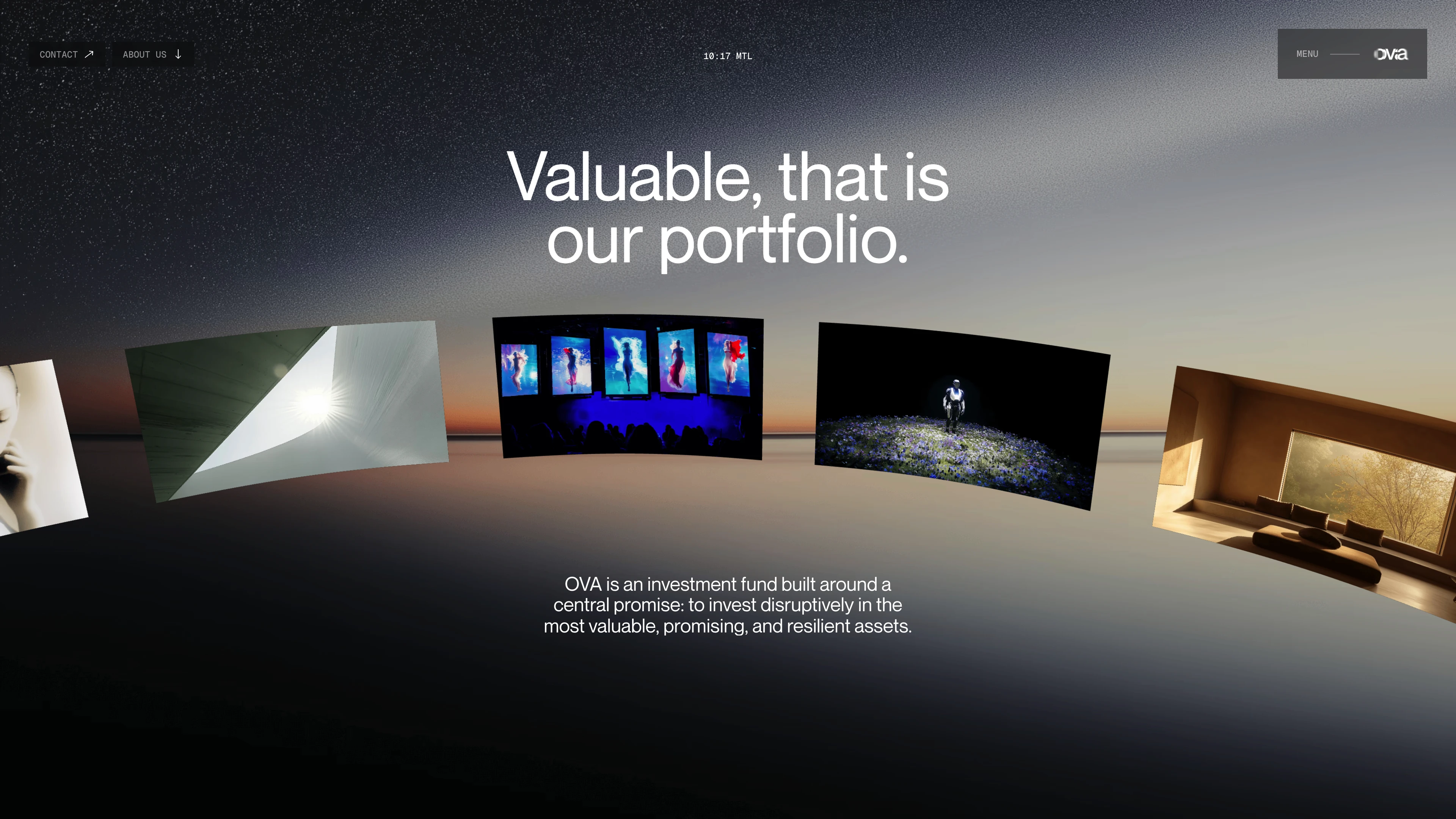 Full page screenshot of the OVA website. OVA is an investment fund built around a central promise: to invest disruptively …