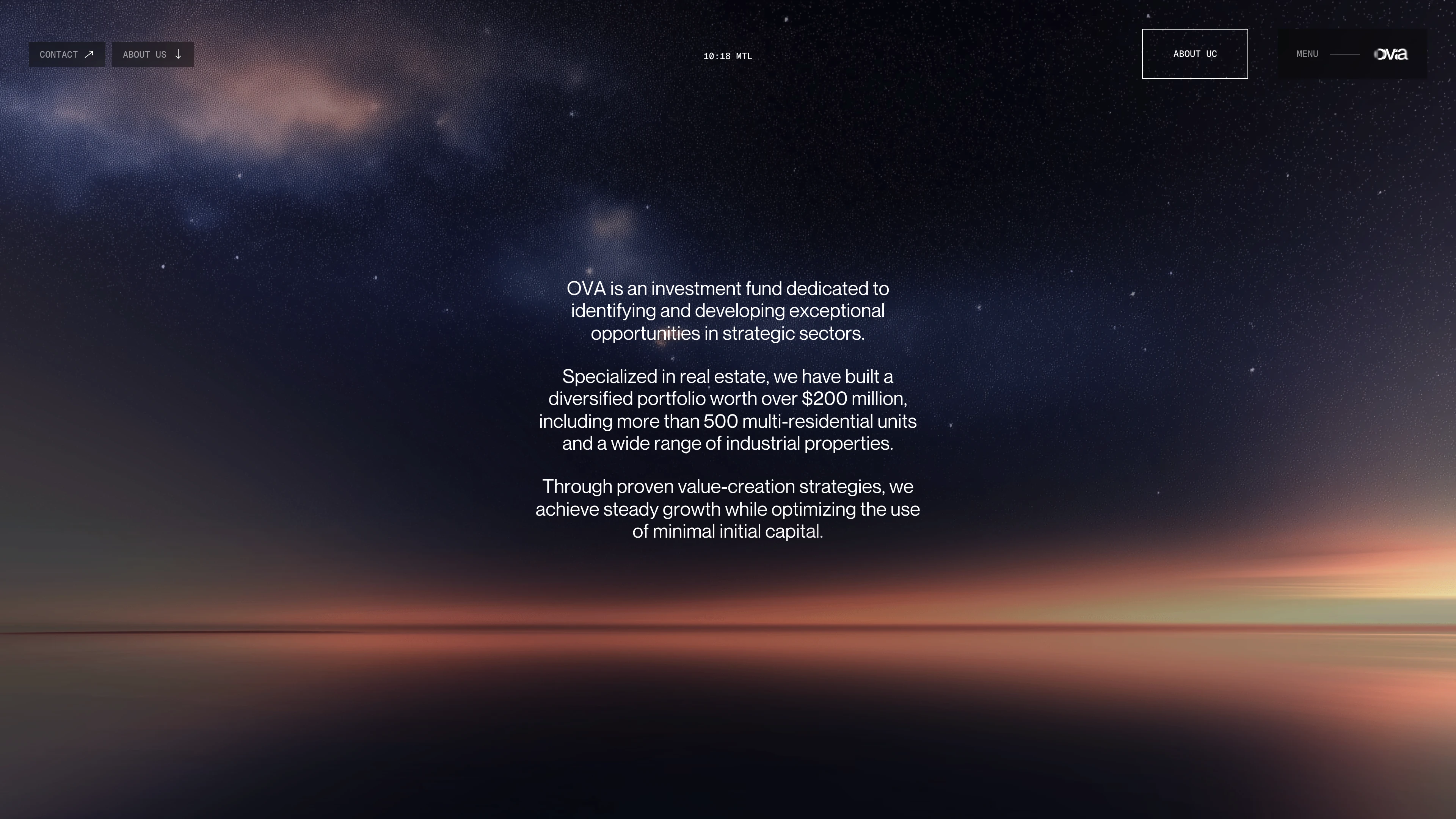 Full page screenshot of the OVA website. OVA is an investment fund built around a central promise: to invest disruptively …