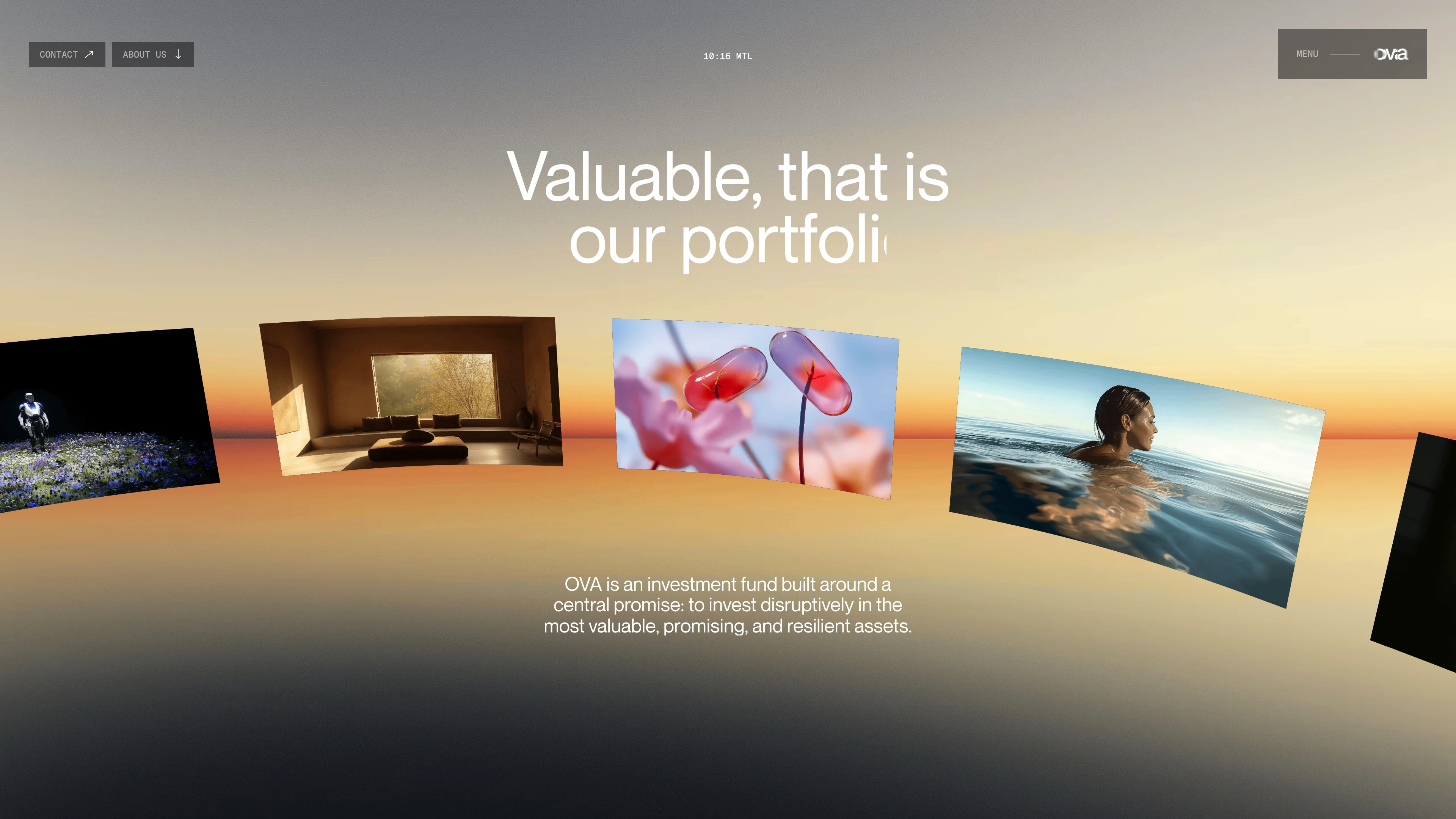 Full page screenshot of the OVA website. OVA is an investment fund built around a central promise: to invest disruptively …