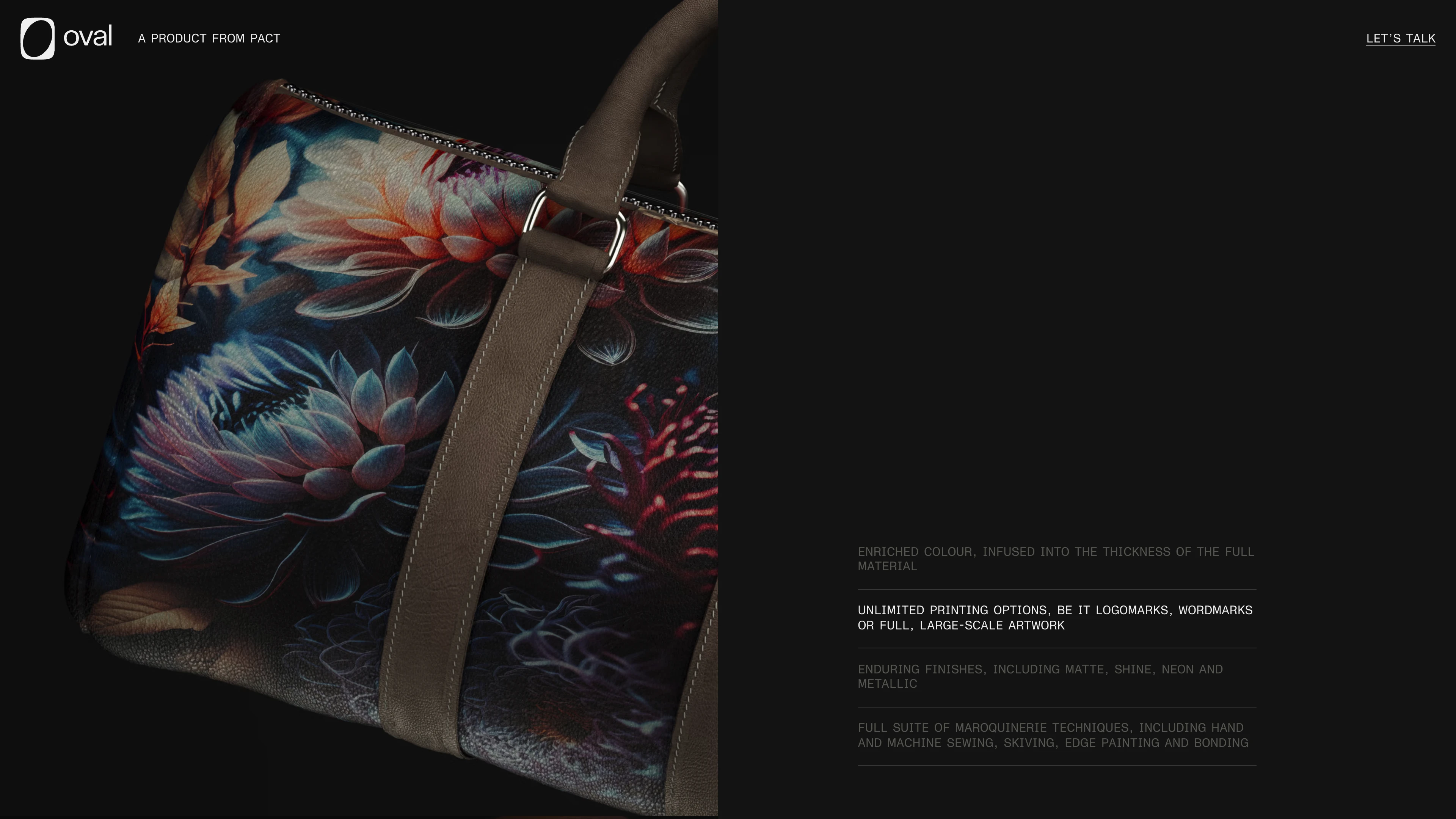 Full page screenshot of the Oval website. A product from PACT. Inspired by generations of leather artisans and master …