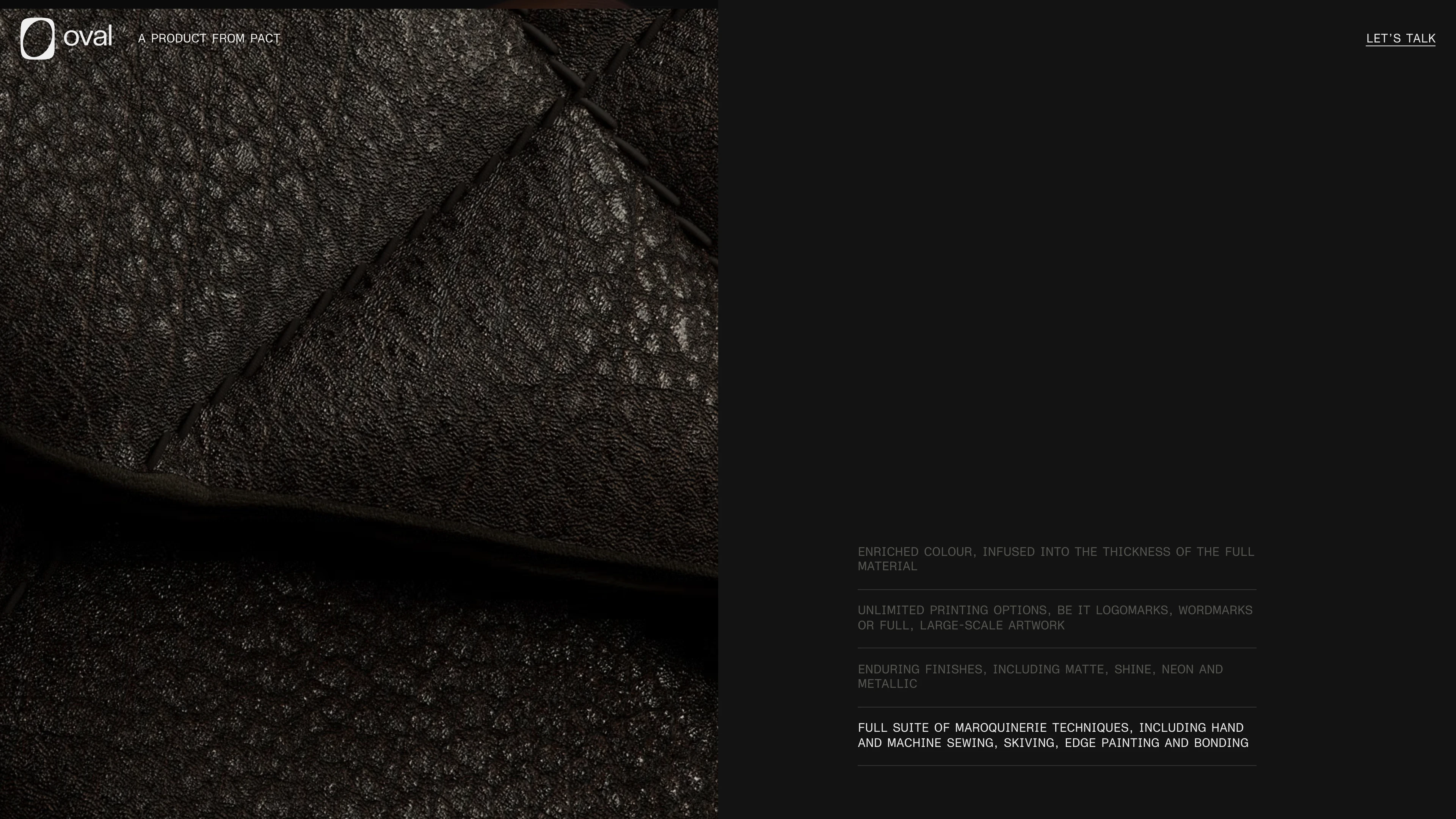Full page screenshot of the Oval website. A product from PACT. Inspired by generations of leather artisans and master …