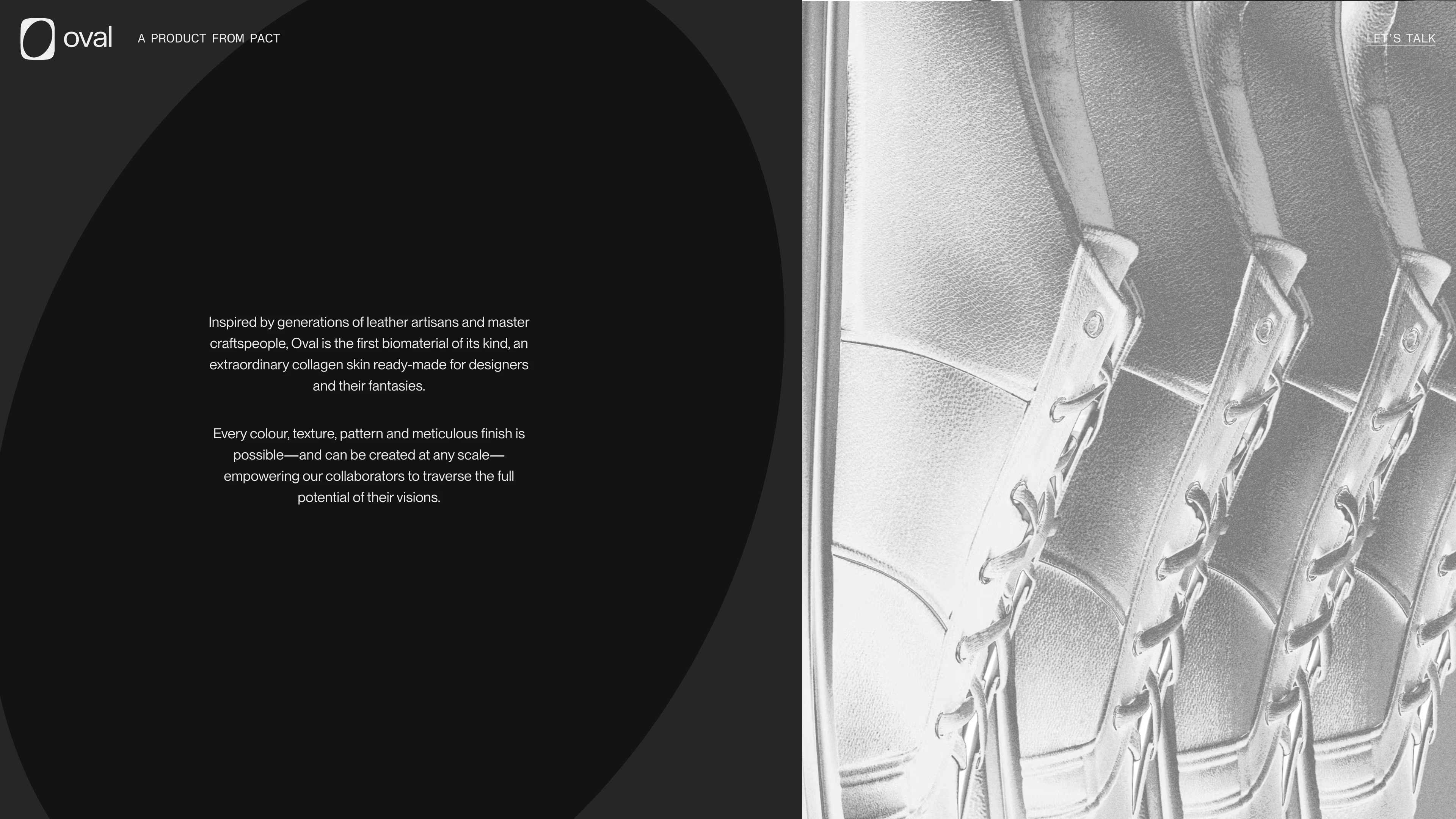 Full page screenshot of the Oval website. A product from PACT. Inspired by generations of leather artisans and master …