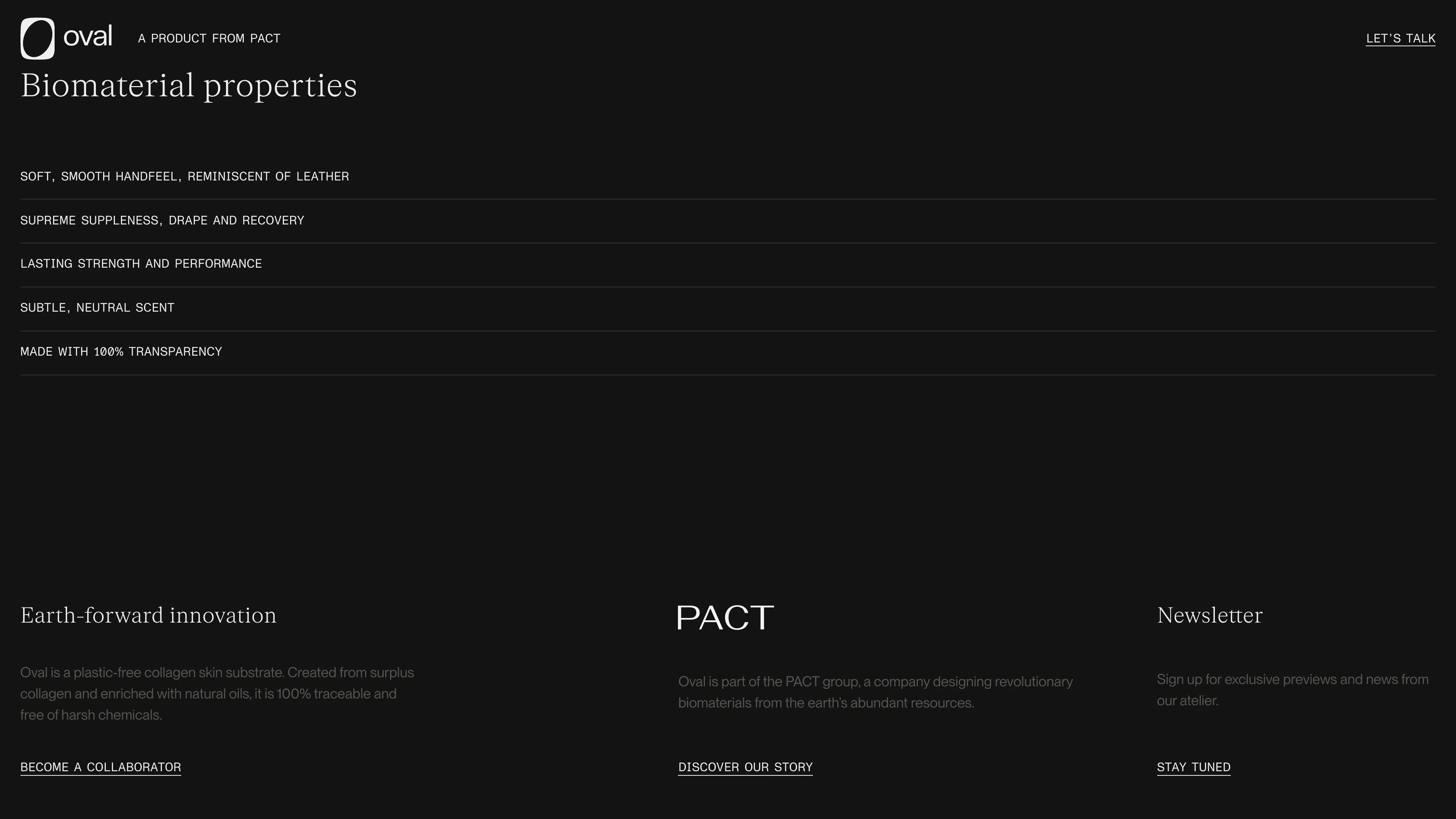 Full page screenshot of the Oval website. A product from PACT. Inspired by generations of leather artisans and master …