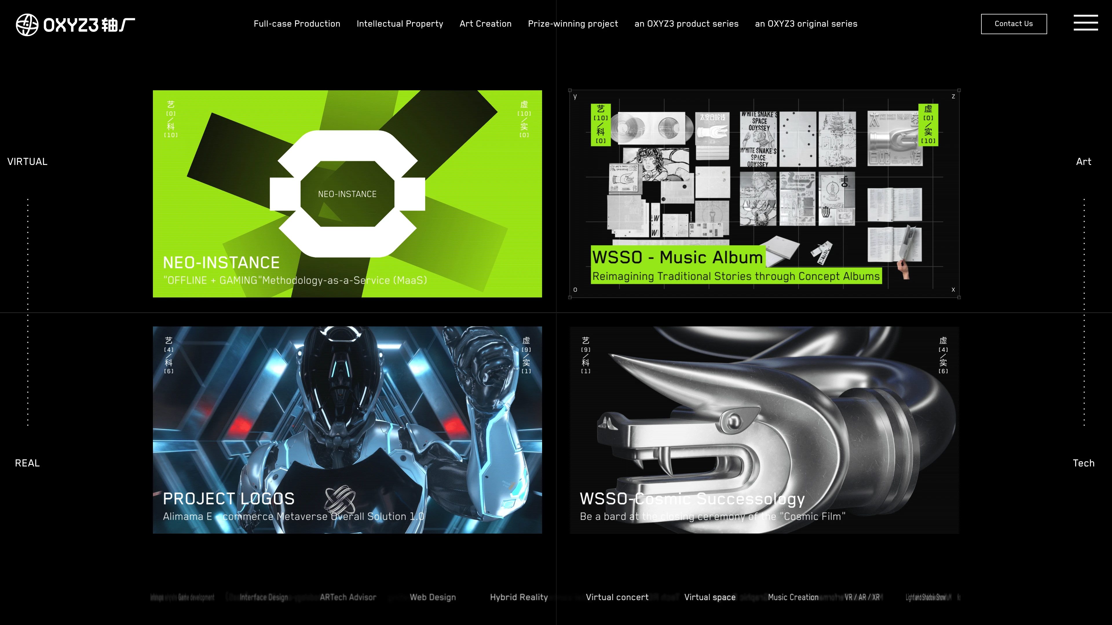 Full page screenshot of the OXYZ3 website. From concept to visual realization, including 3D modeling, animation, …