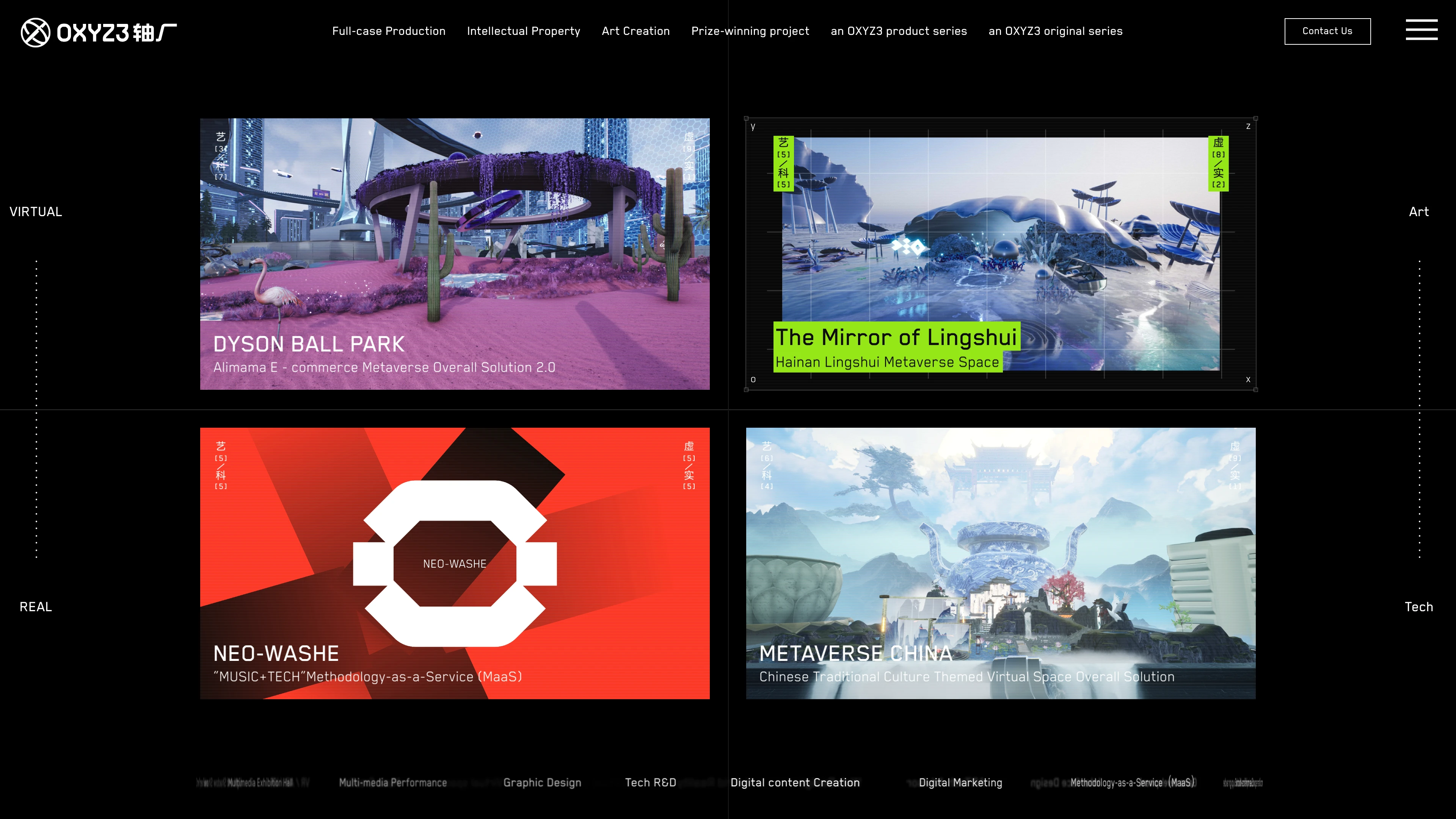 Full page screenshot of the OXYZ3 website. From concept to visual realization, including 3D modeling, animation, …